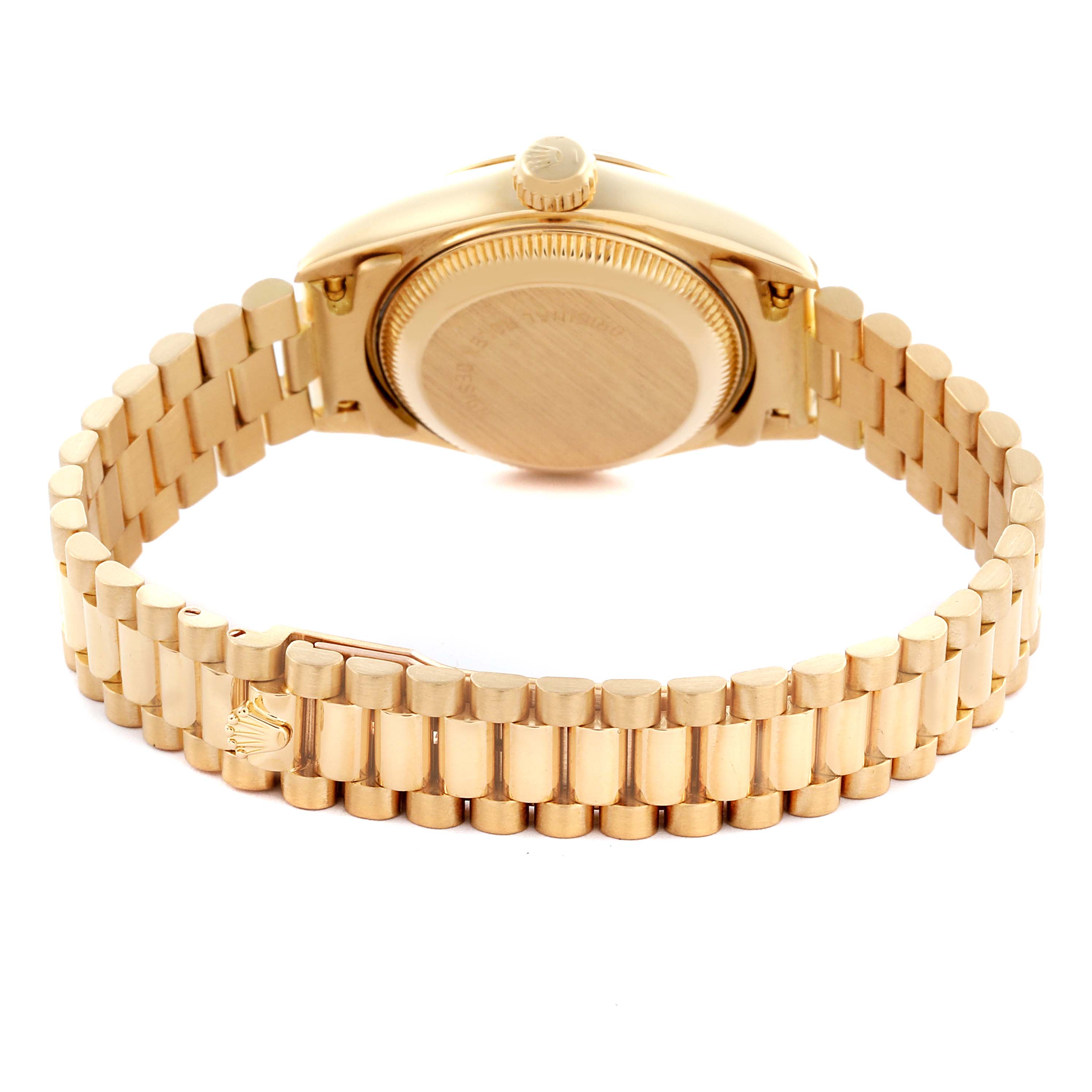 The image shows a Rolex President 69178 Women's Yellow Gold White Dial 69178 Women's Yellow Gold White Dial model watch from the back, highlighting the bracelet and the case back.
