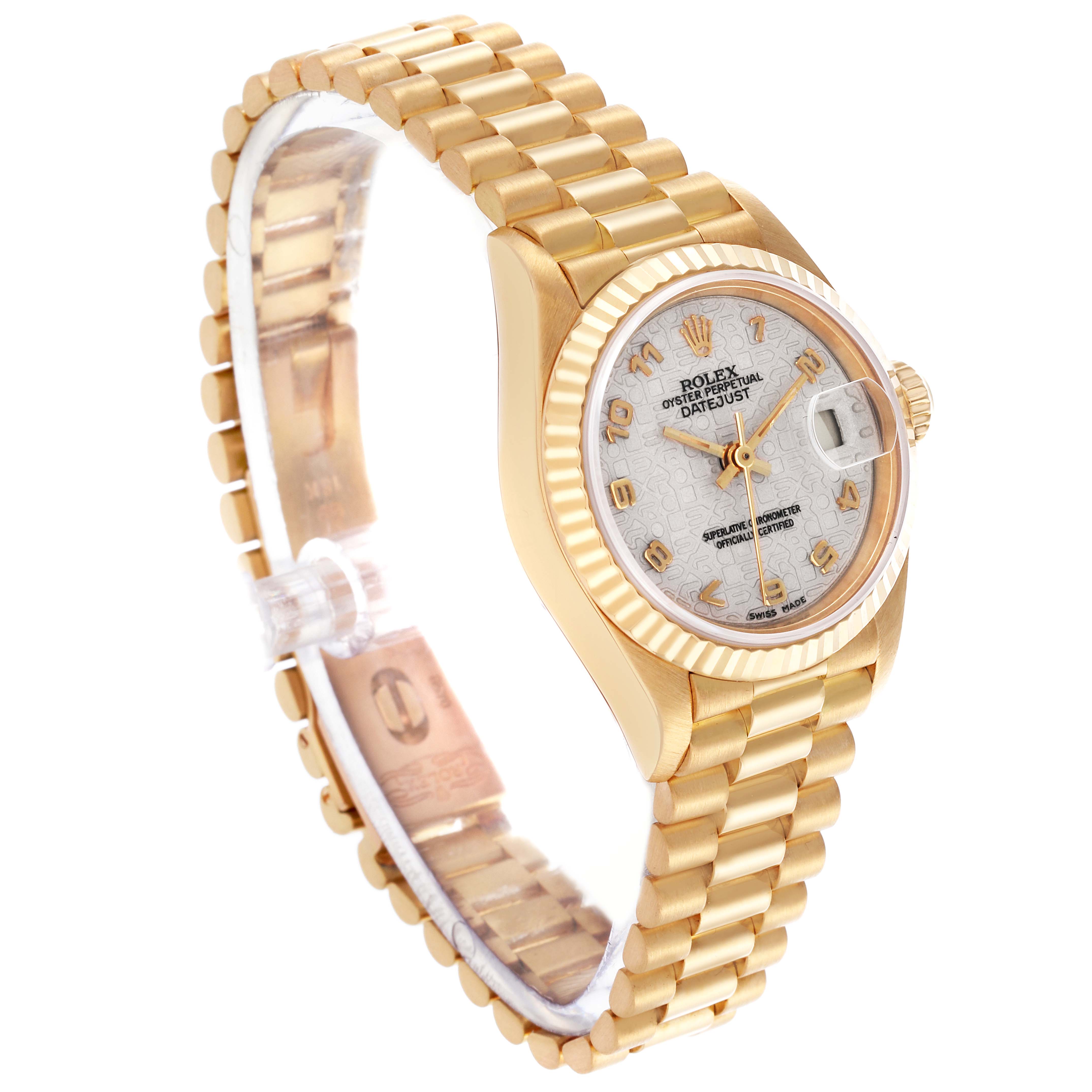 The Rolex President 69178 Women's Yellow Gold White Dial 69178 Women's Yellow Gold White Dial model watch is shown at a three-quarter angle, displaying the side, face, and bracelet.