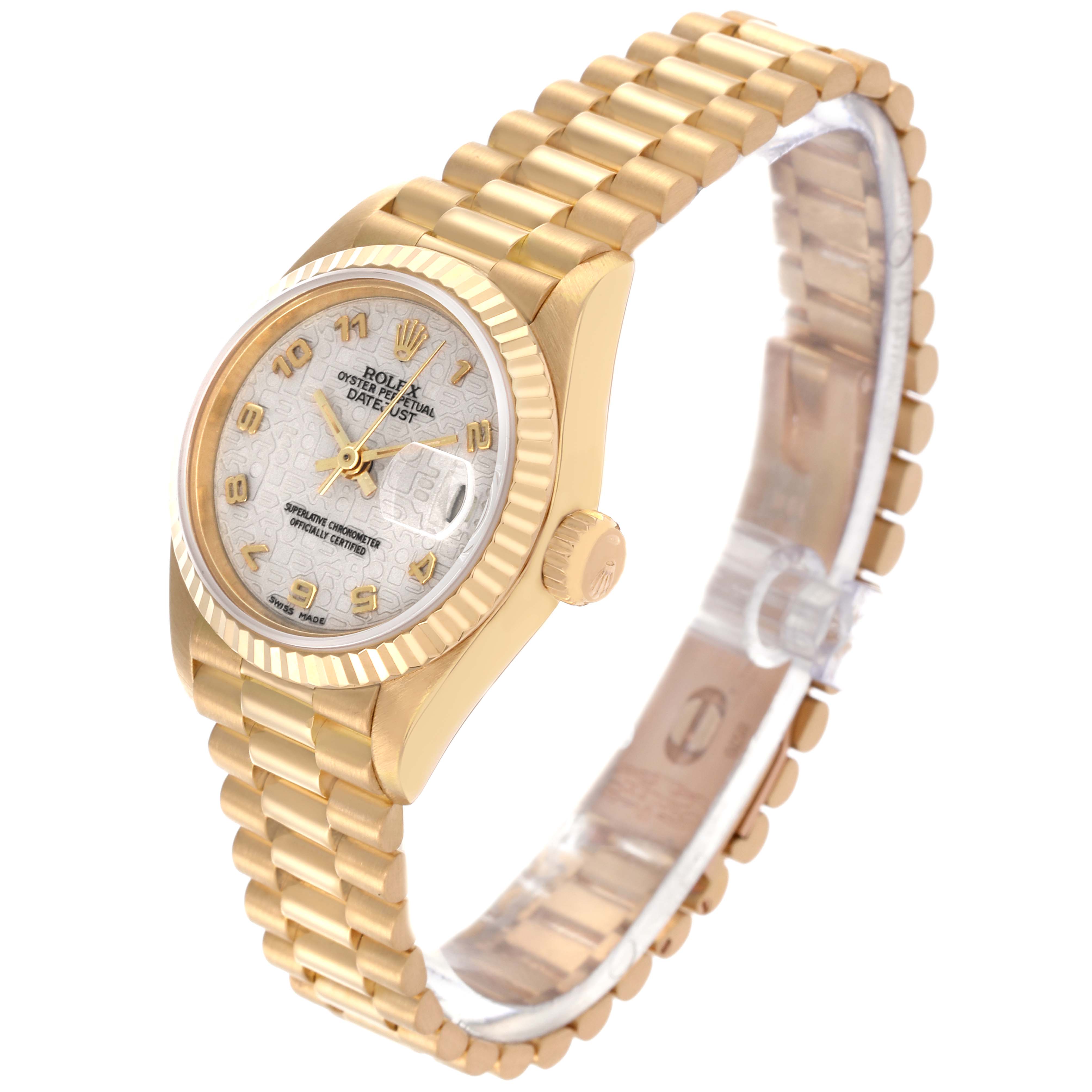 The Rolex President 69178 Women's Yellow Gold White Dial 69178 Women's Yellow Gold White Dial model watch is shown from a three-quarter angle, highlighting the face, bracelet, and fluted bezel.