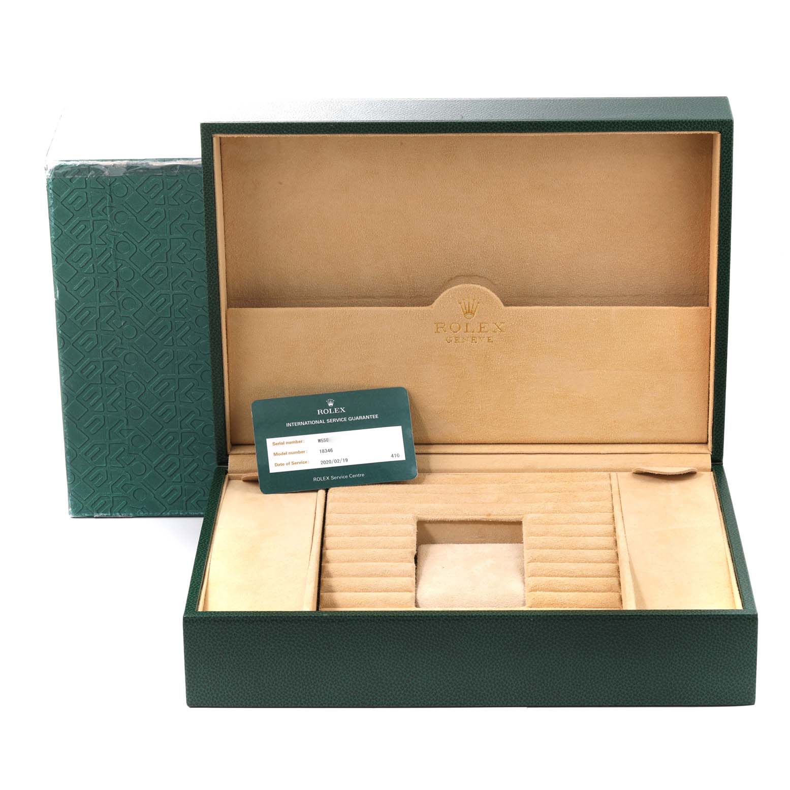 The image shows an open green and beige box for a Rolex President 18346 Men's Platinum Blue Dial 18346 Men's Platinum Blue Dial model, displaying the "International Service Guarantee" card.