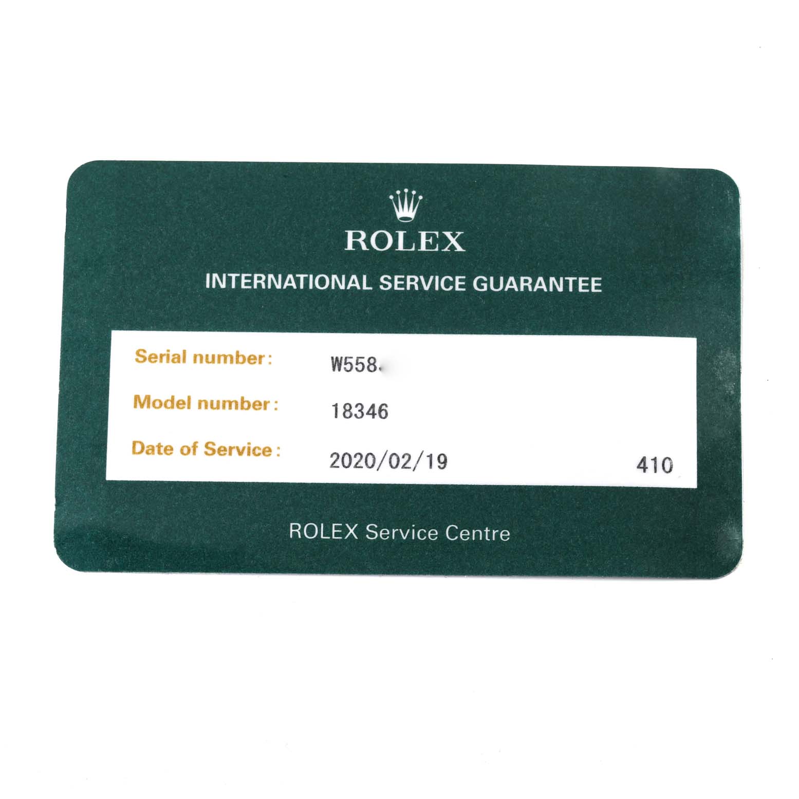 This image shows a Rolex International Service Guarantee card for a Rolex President 18346 Men's Platinum Blue Dial 18346 Men's Platinum Blue Dial model watch.