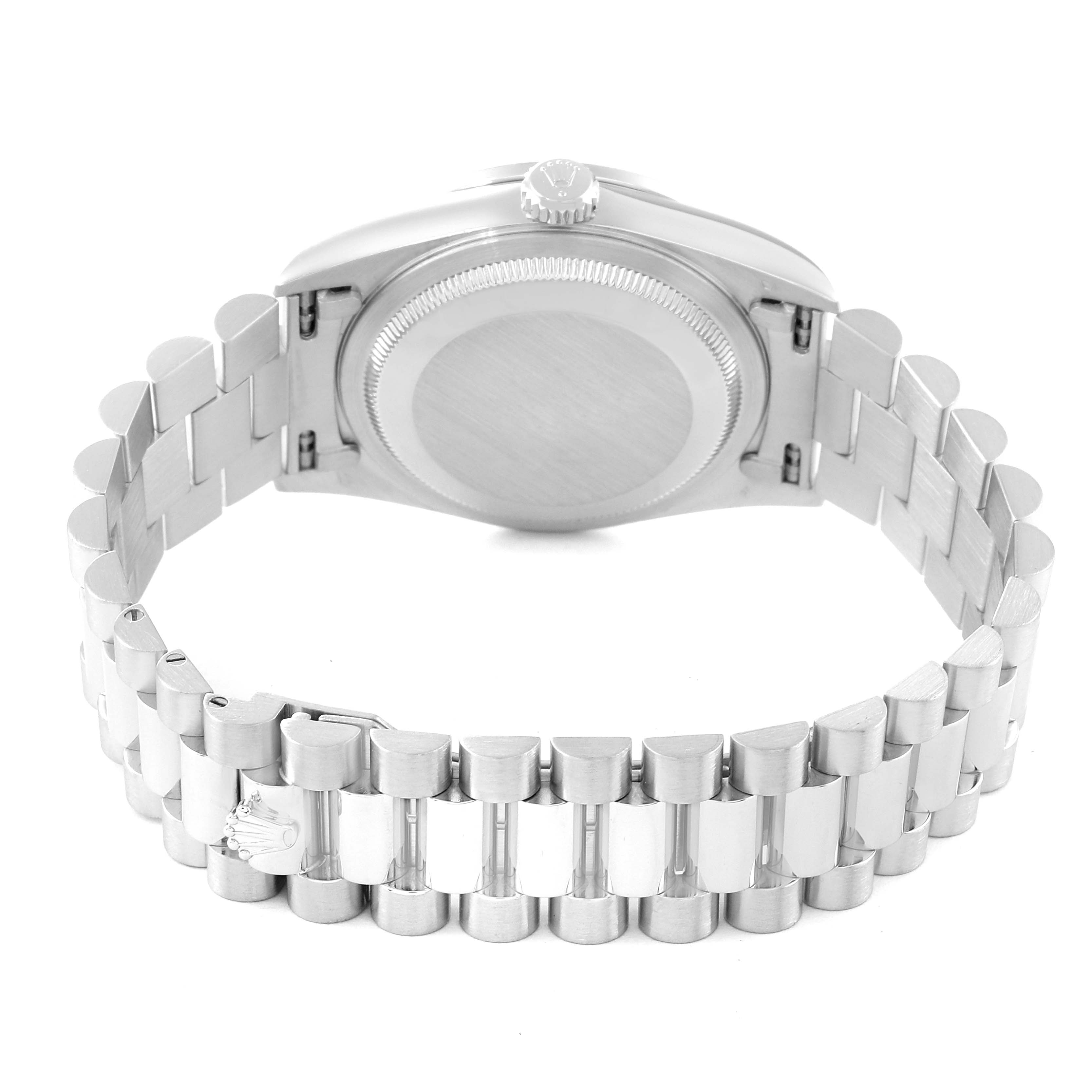 The image shows the rear view of the Rolex President 18346 Men's Platinum Blue Dial 18346 Men's Platinum Blue Dial model watch, featuring its case back and bracelet clasp.