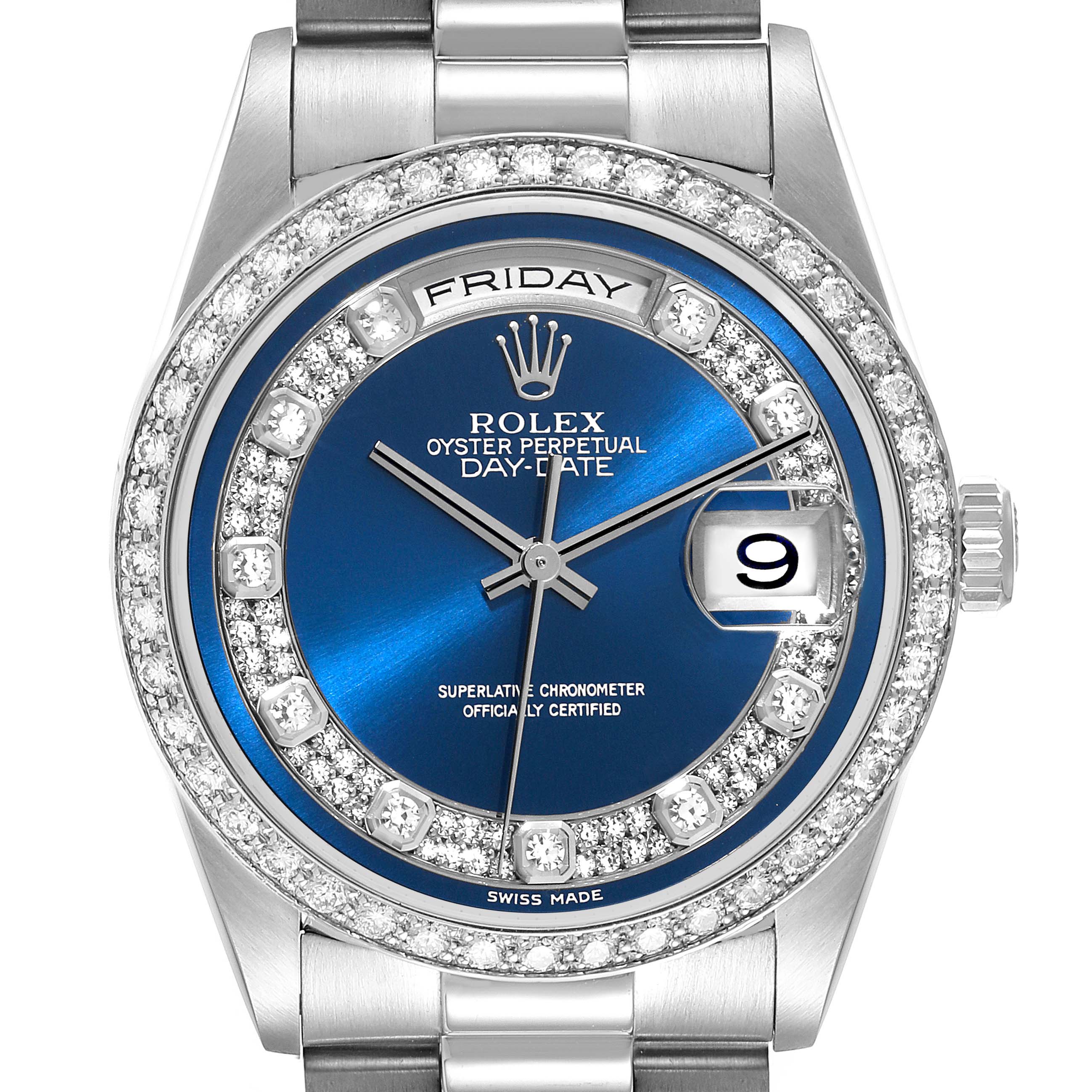 The image shows a front view of a Rolex President 18346 Men's Platinum Blue Dial 18346 Men's Platinum Blue Dial model watch, displaying its diamond bezel and blue dial with day and date functions.