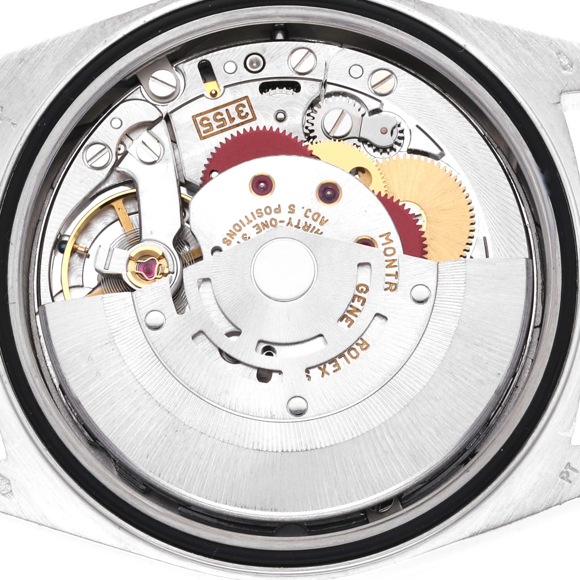 The image shows the internal movement components of a Rolex President 18346 Men's Platinum Blue Dial 18346 Men's Platinum Blue Dial model watch from a close-up, rear angle.