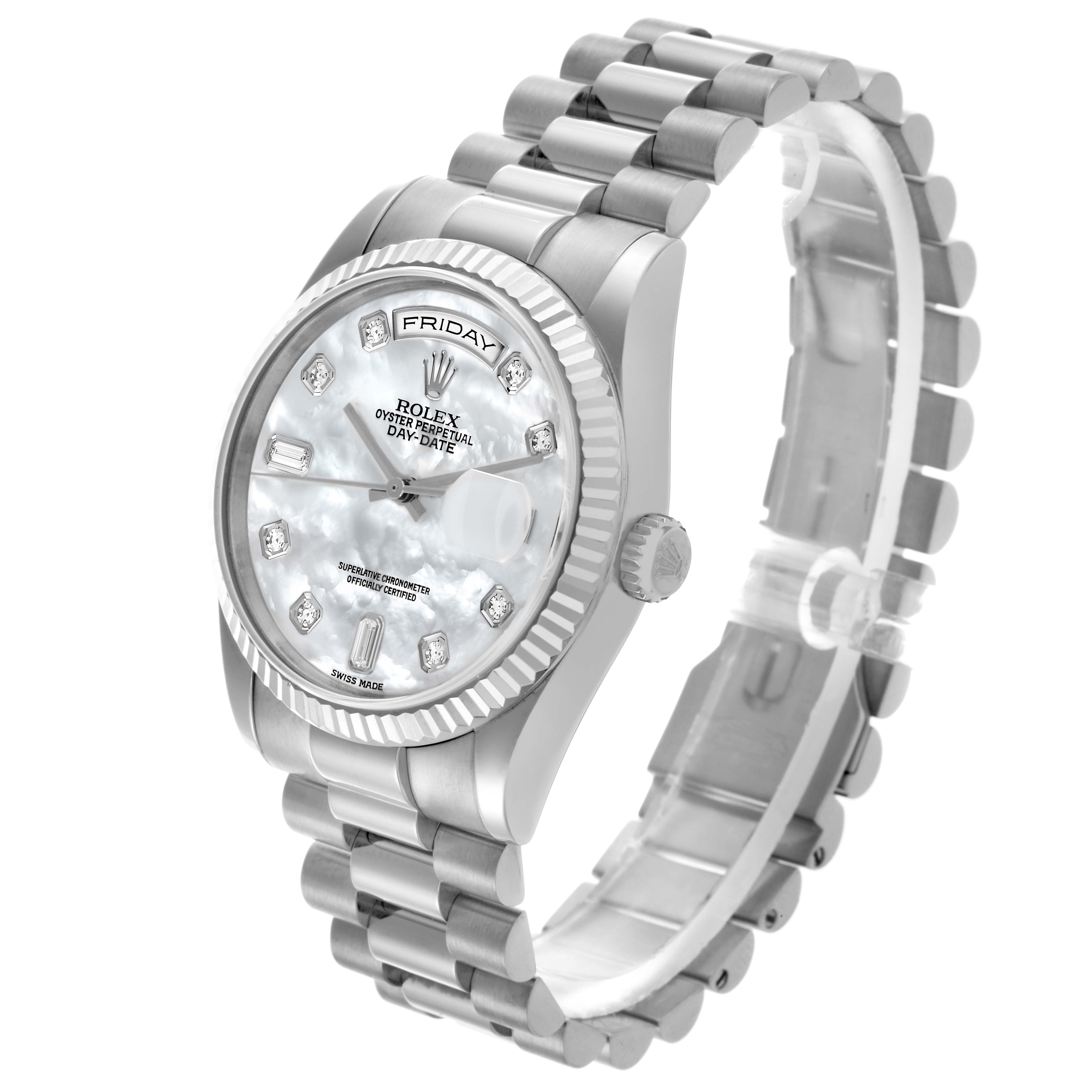 The Rolex President 118239 Men's White Gold Mother of Pearl Dial 118239 Men's White Gold Mother of Pearl Dial model watch is shown at an angle highlighting the face, bezel, and bracelet.
