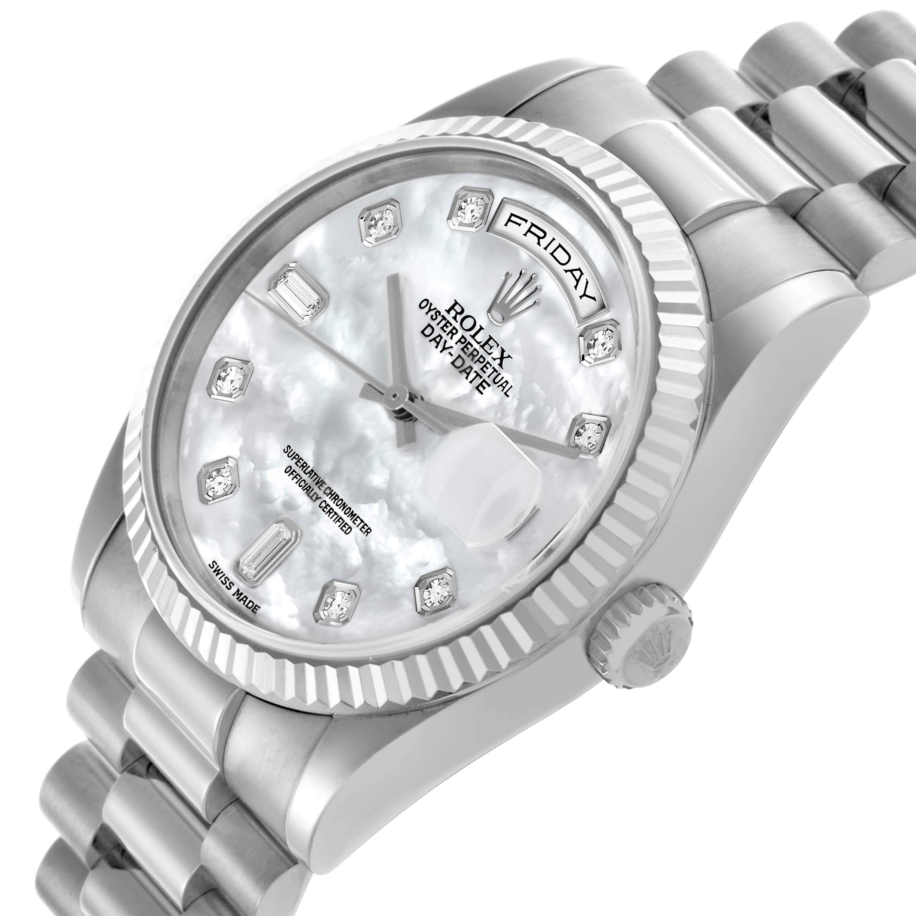 The Rolex President 118239 Men's White Gold Mother of Pearl Dial 118239 Men's White Gold Mother of Pearl Dial model is shown at a tilted angle, highlighting the dial, bezel, and bracelet.