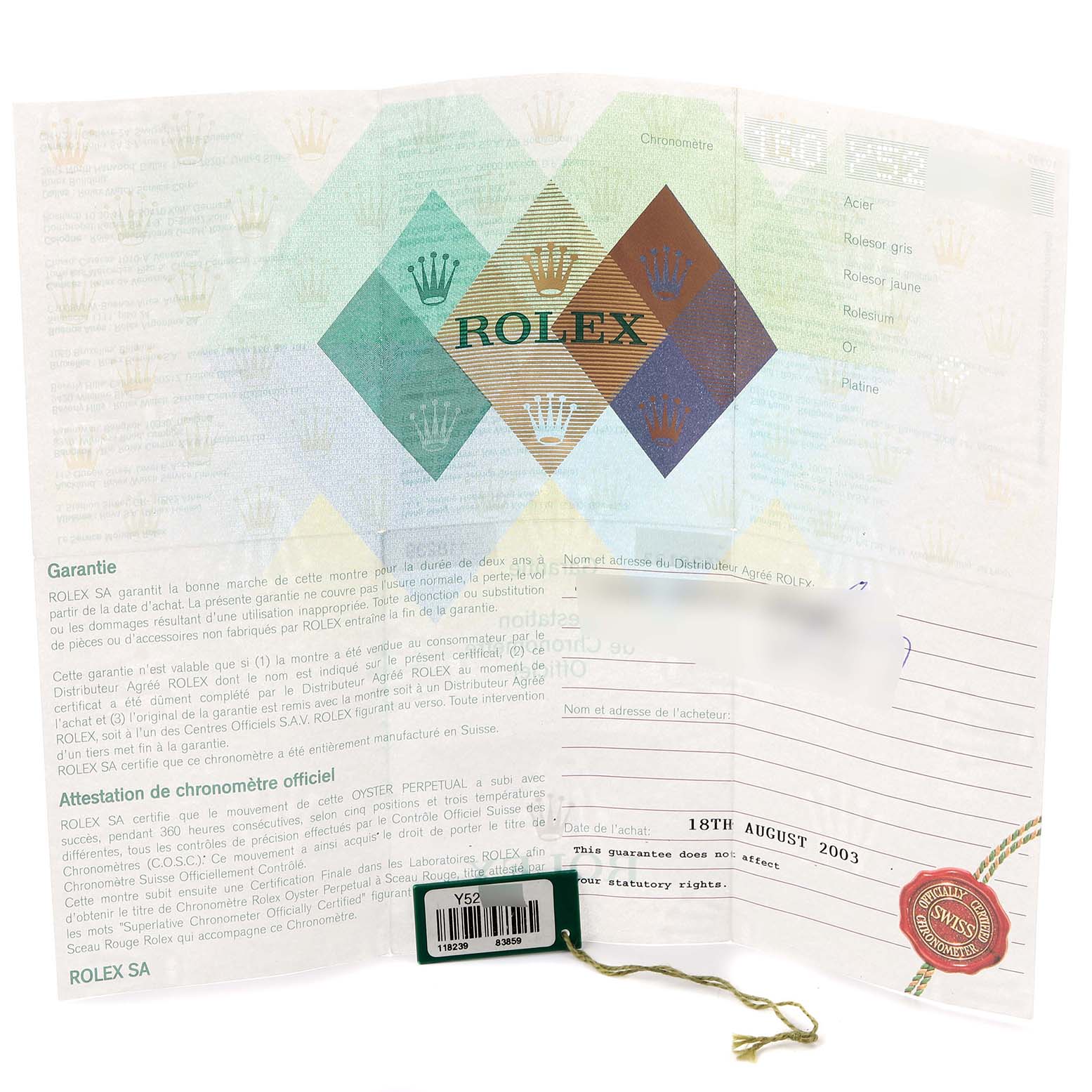 The image shows the warranty and certification papers for a Rolex President 118239 Men's White Gold Mother of Pearl Dial 118239 Men's White Gold Mother of Pearl Dial model.