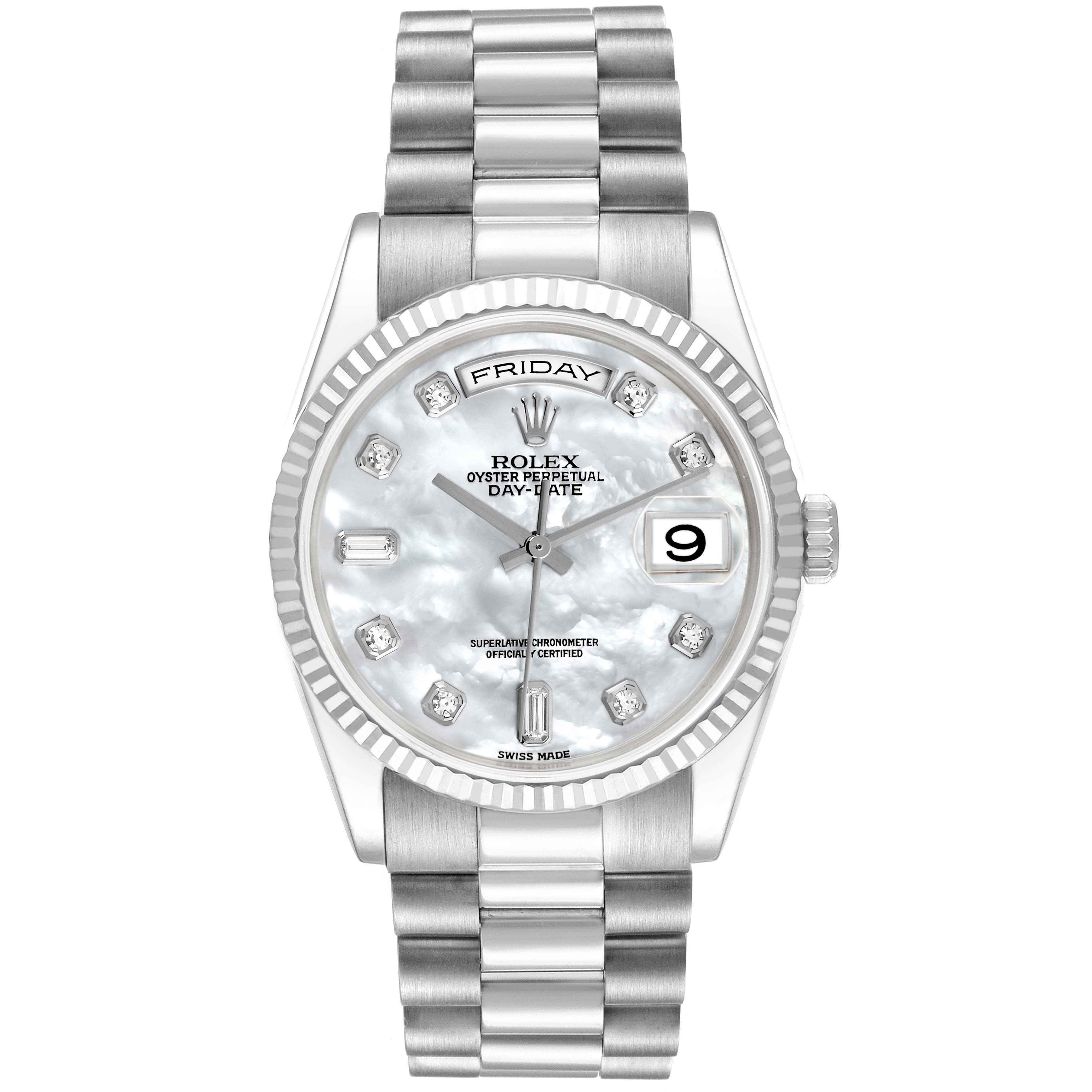 The Rolex President 118239 Men's White Gold Mother of Pearl Dial 118239 Men's White Gold Mother of Pearl Dial watch is shown from a front angle, displaying its dial, bezel, and bracelet.