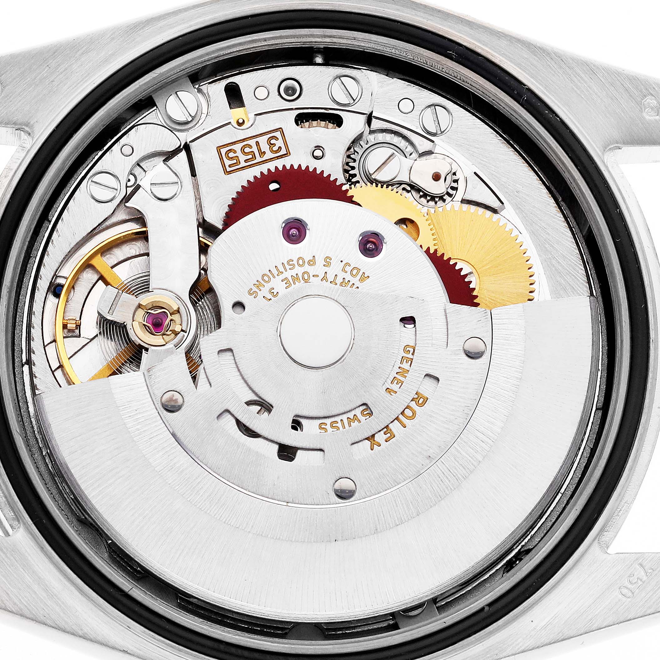 The image shows the Rolex President 118239 Men's White Gold Mother of Pearl Dial 118239 Men's White Gold Mother of Pearl Dial model's movement from the back, highlighting gears and mechanisms.