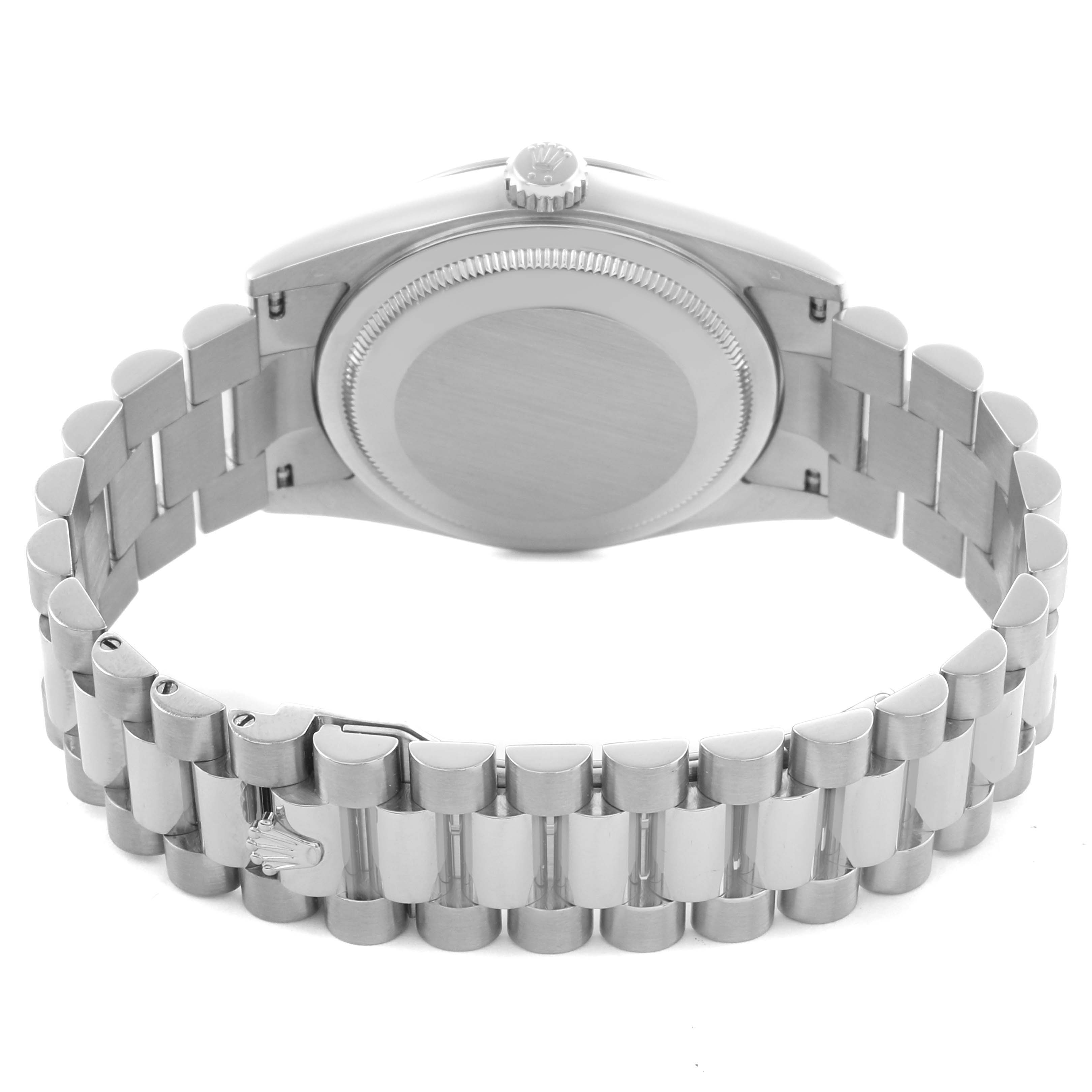 The image shows the back case and bracelet of the Rolex President 118239 Men's White Gold Mother of Pearl Dial 118239 Men's White Gold Mother of Pearl Dial model from a rear angle.