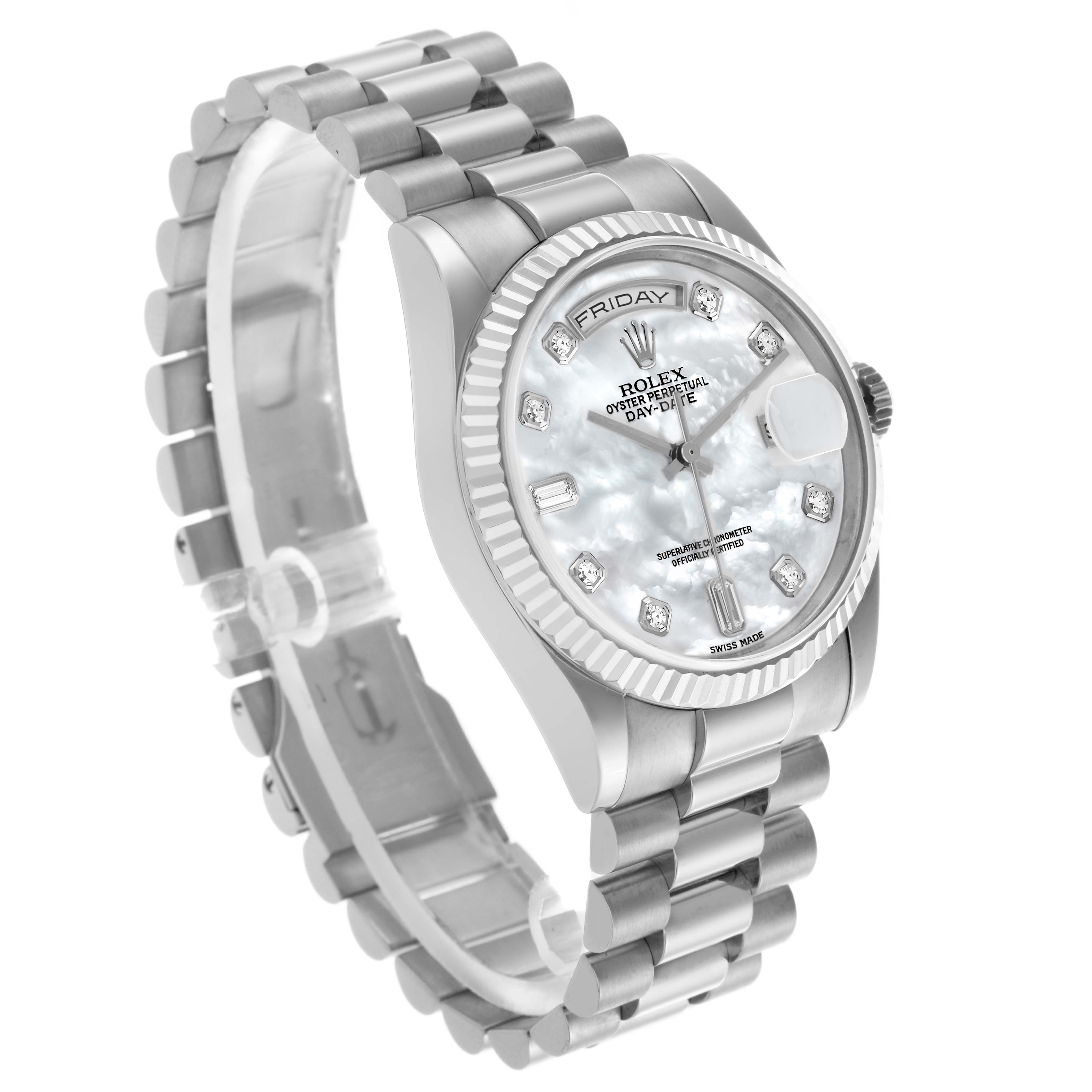The Rolex President 118239 Men's White Gold Mother of Pearl Dial 118239 Men's White Gold Mother of Pearl Dial model watch is shown from a three-quarter angle, highlighting the face, bezel, and bracelet.