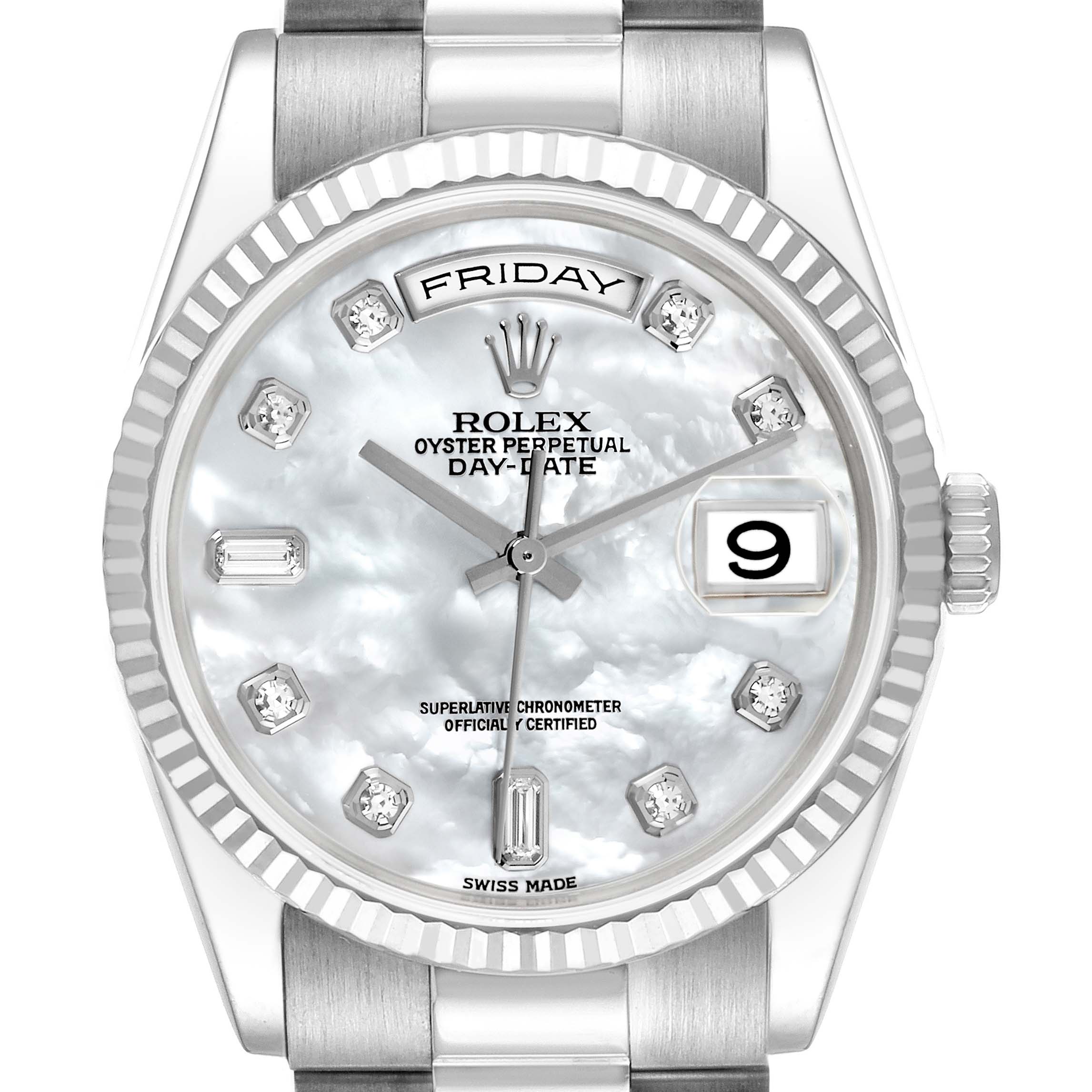 The Rolex President 118239 Men's White Gold Mother of Pearl Dial 118239 Men's White Gold Mother of Pearl Dial model watch is shown from the front, highlighting the dial, fluted bezel, and part of the bracelet.