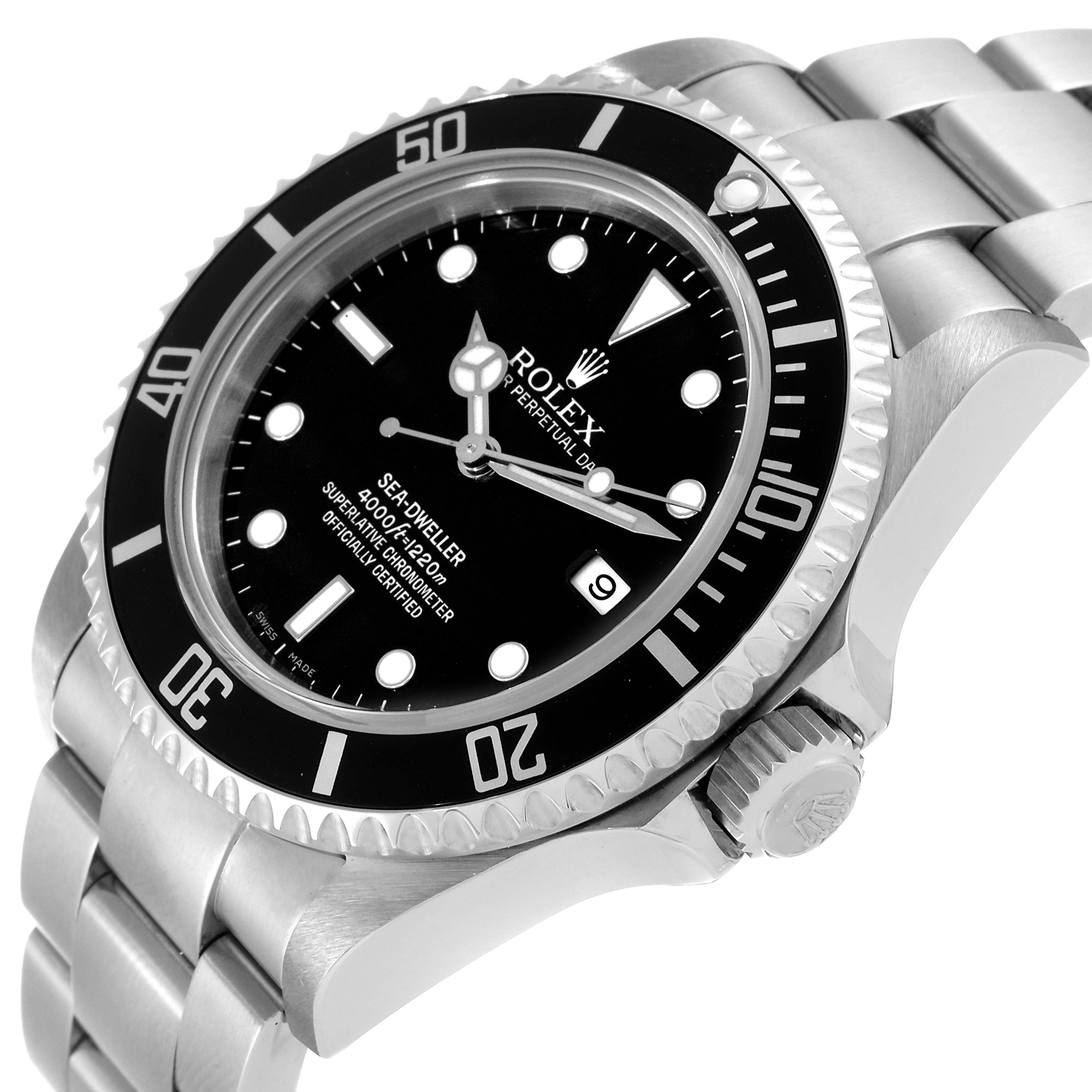 The Rolex Sea-Dweller 16600 Men's Stainless Steel Black Dial 16600 Men's Stainless Steel Black Dial watch is shown from a diagonal close-up angle, displaying its bezel, dial, date window, and part of the bracelet.