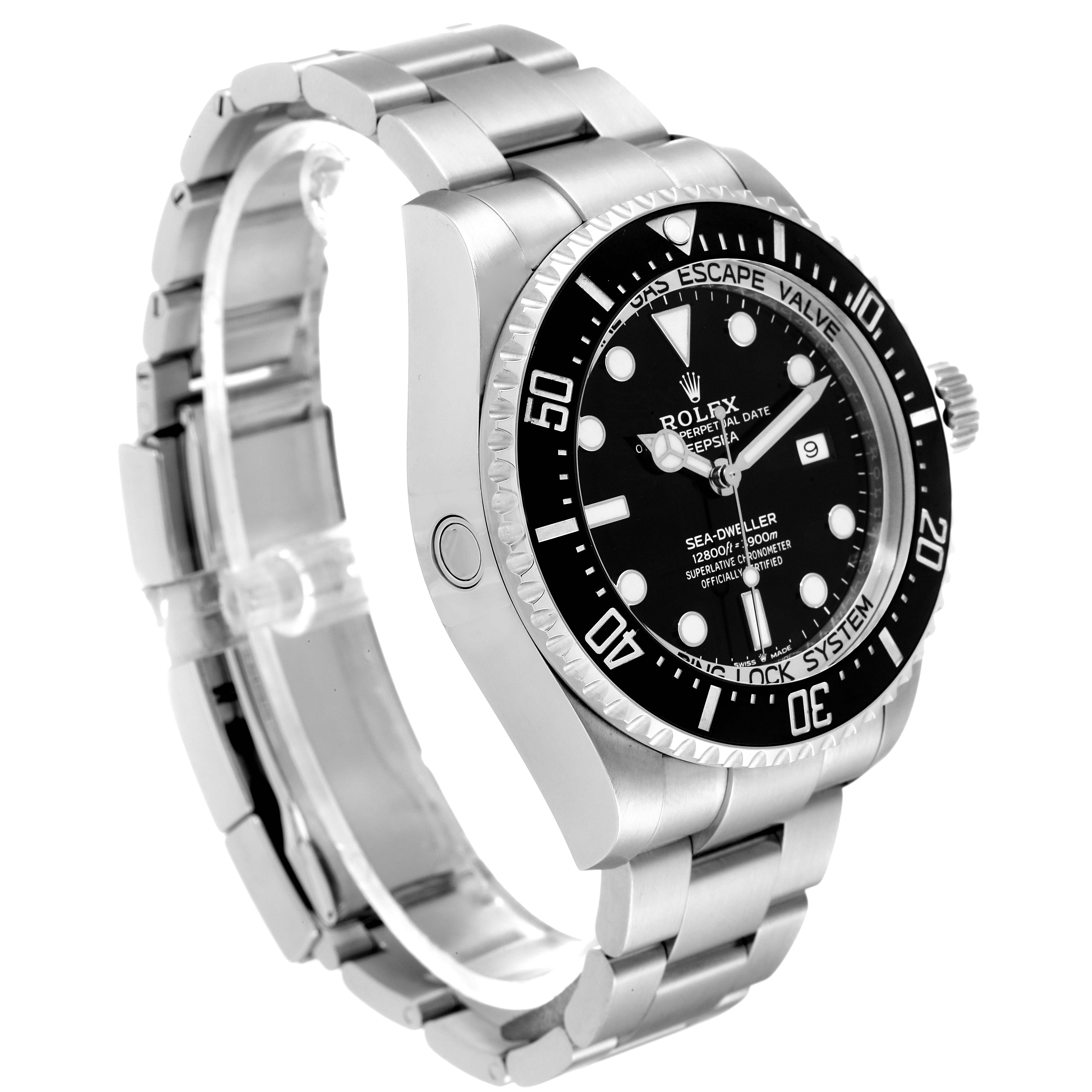 The image shows a side and front angle of the Rolex Sea-Dweller 126660 Men's Stainless Steel Black Dial 126660 Men's Stainless Steel Black Dial watch, displaying the dial, bezel, bracelet, and crown.