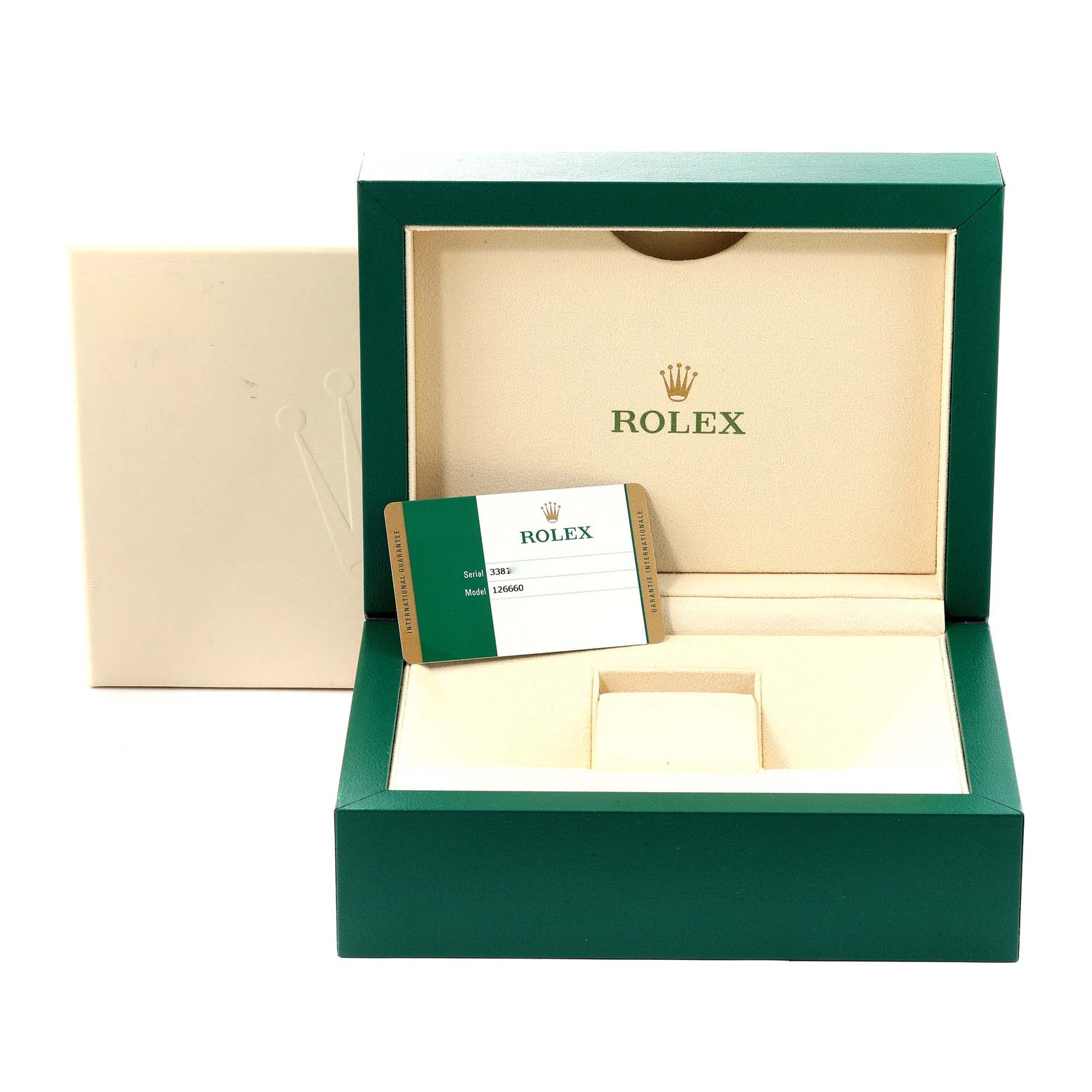 The image shows the box and warranty card for the Rolex Sea-Dweller 126660 Men's Stainless Steel Black Dial 126660 Men's Stainless Steel Black Dial watch, viewed from the front.