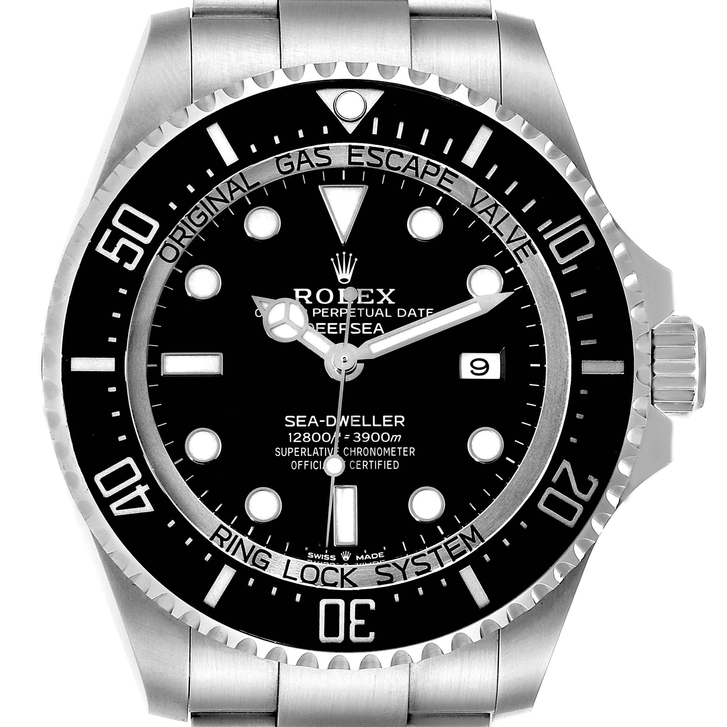 The photo shows a front view of the Rolex Sea-Dweller 126660 Men's Stainless Steel Black Dial 126660 Men's Stainless Steel Black Dial watch, displaying its dial, bezel, and part of the bracelet.