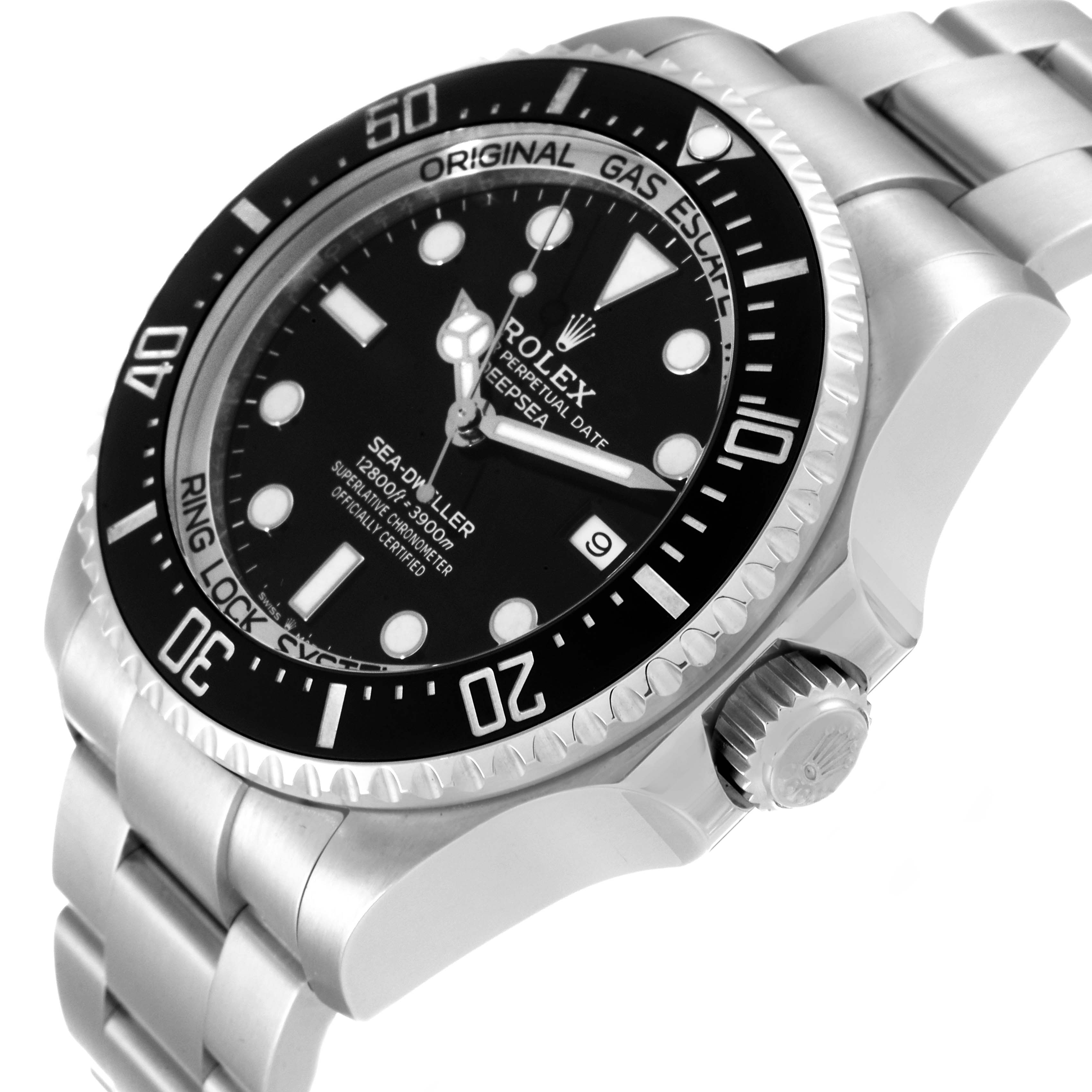 The image shows a side and front angle of the Rolex Sea-Dweller 126660 Men's Stainless Steel Black Dial 126660 Men's Stainless Steel Black Dial watch, highlighting its dial, bezel, and crown.