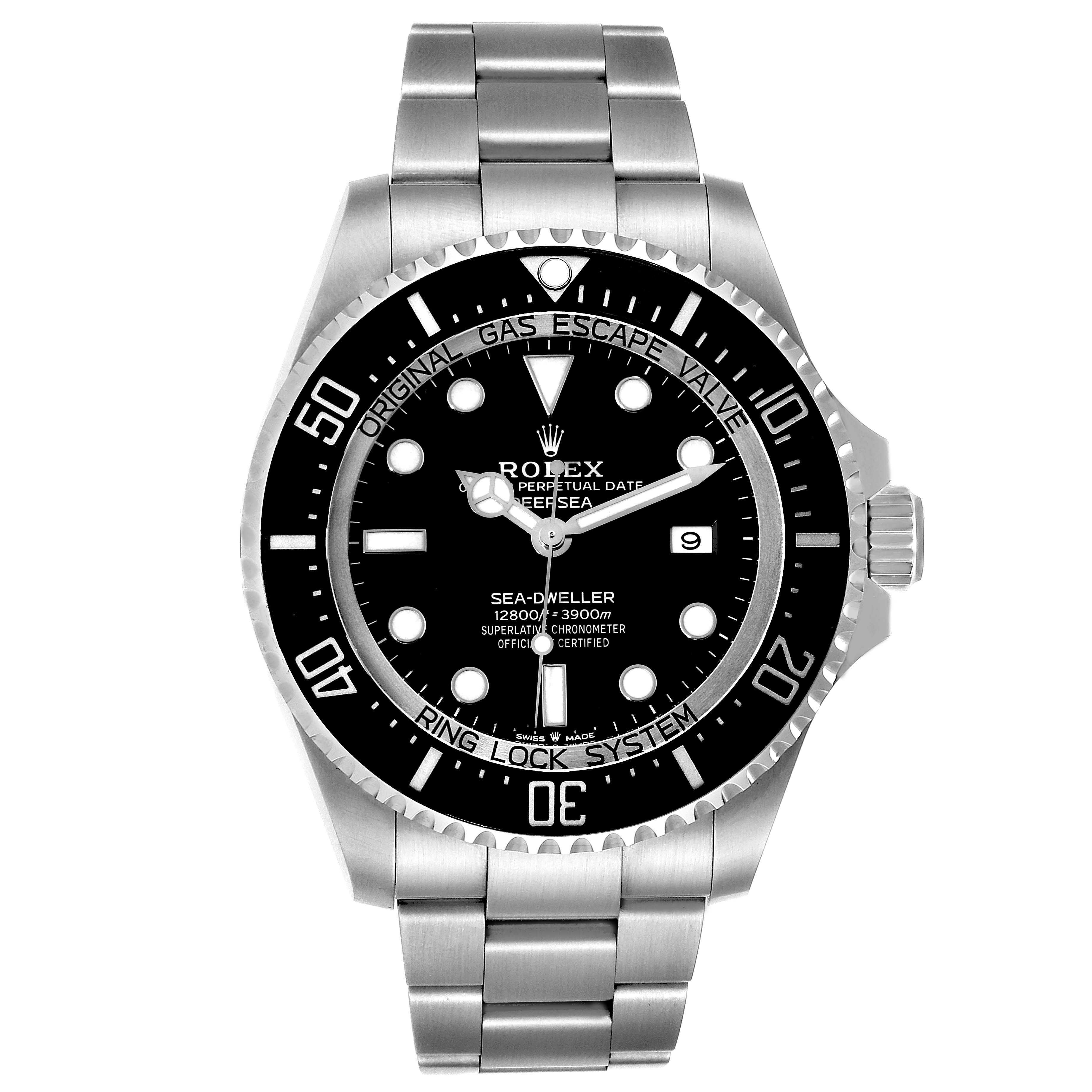 The image shows a front view of the Rolex Sea-Dweller 126660 Men's Stainless Steel Black Dial 126660 Men's Stainless Steel Black Dial watch, highlighting the dial, bezel, and stainless steel bracelet.