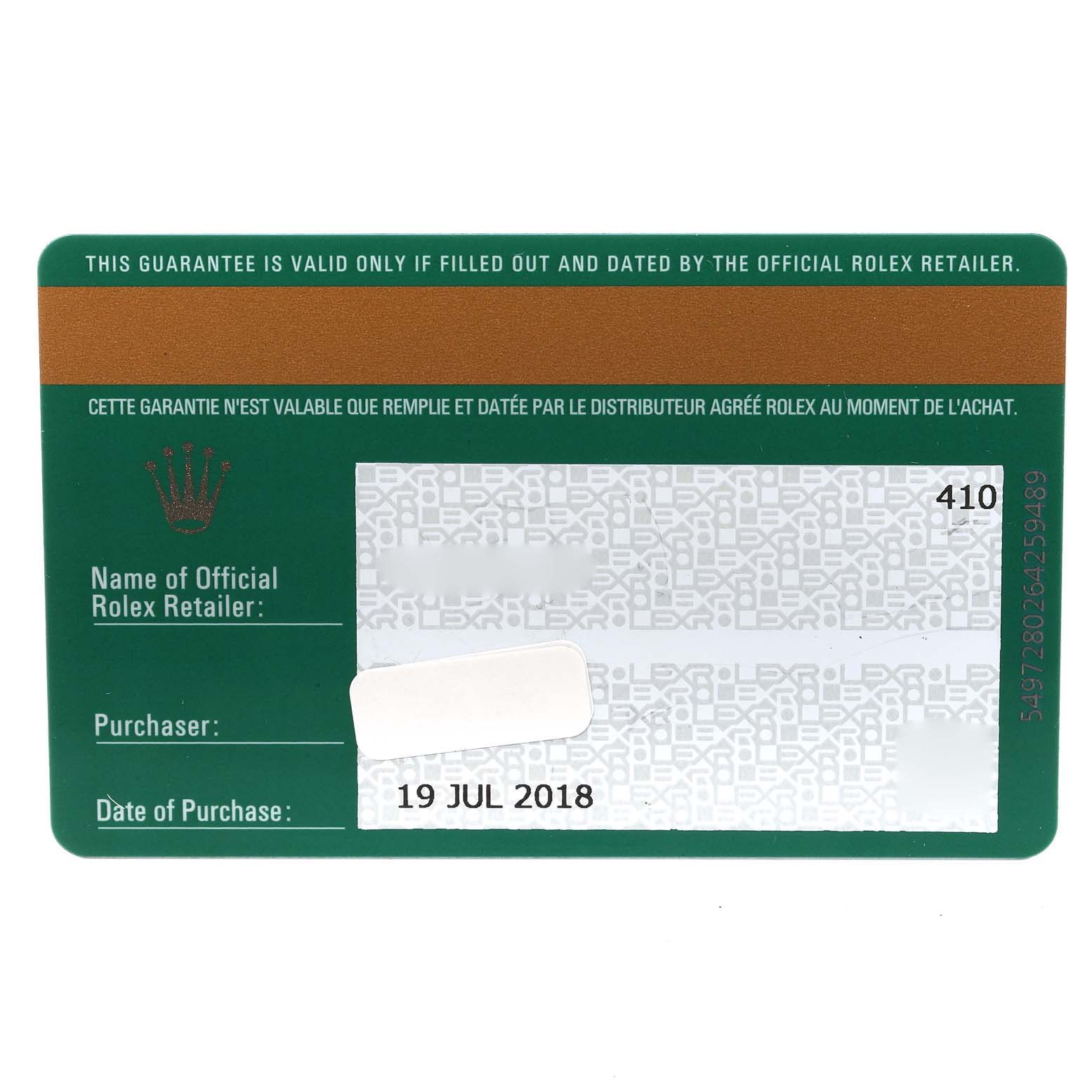 This image shows a warranty card for the Rolex Sea-Dweller 126660 Men's Stainless Steel Black Dial 126660 Men's Stainless Steel Black Dial model, displaying purchase details and authenticity.