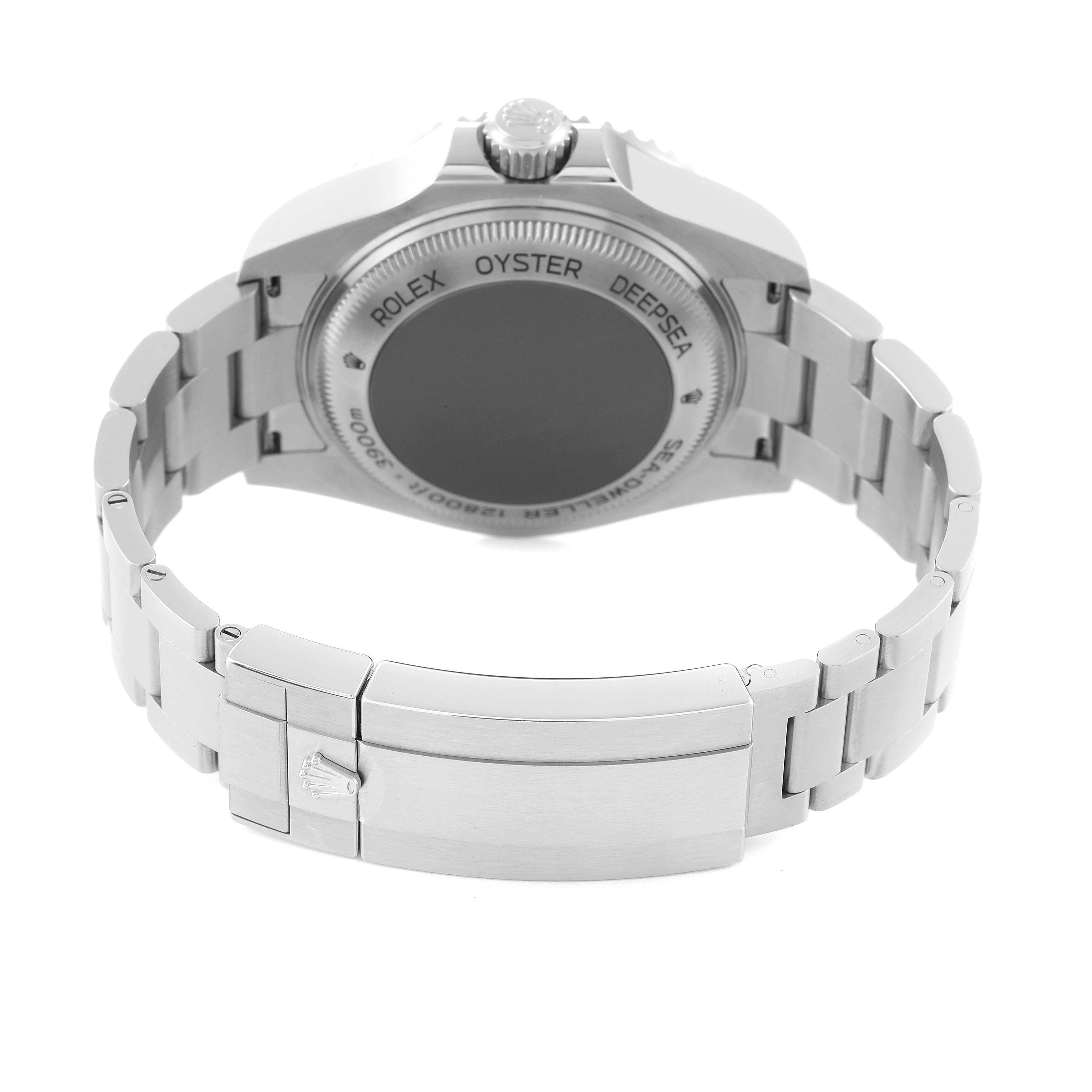 This image shows the back and clasp of a Rolex Sea-Dweller 126660 Men's Stainless Steel Black Dial 126660 Men's Stainless Steel Black Dial watch, highlighting its bracelet and case back.