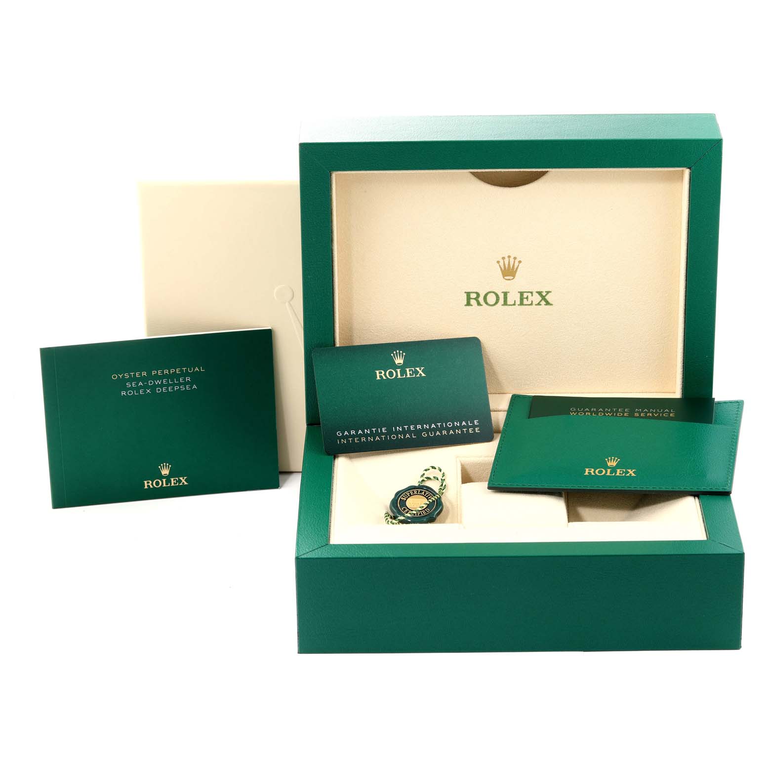 This image shows the Rolex Sea-Dweller 126660 Men's Stainless Steel Black Dial 126660 Men's Stainless Steel Black Dial watch accessories, including the box and documentation, viewed from the top.