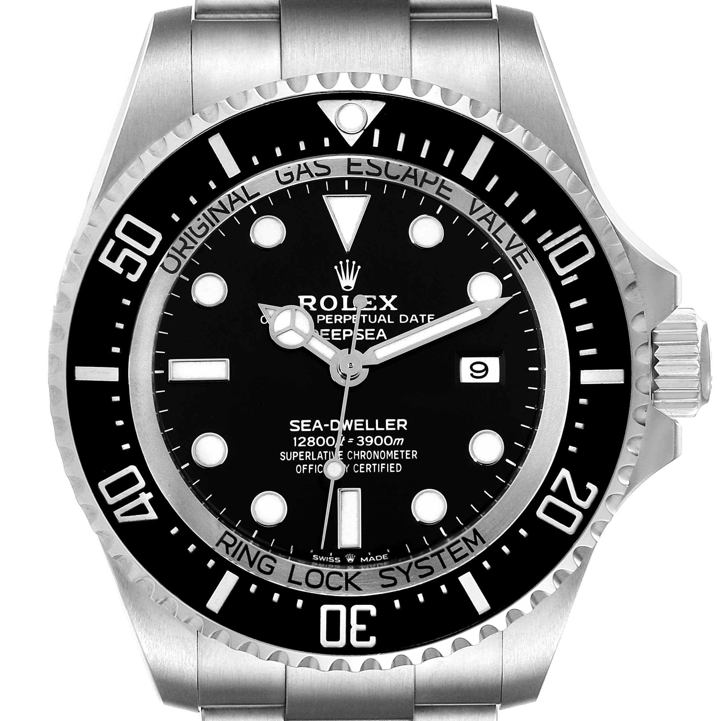 The image shows a front view of the Rolex Sea-Dweller 126660 Men's Stainless Steel Black Dial 126660 Men's Stainless Steel Black Dial watch, highlighting the dial, bezel, and part of the bracelet.