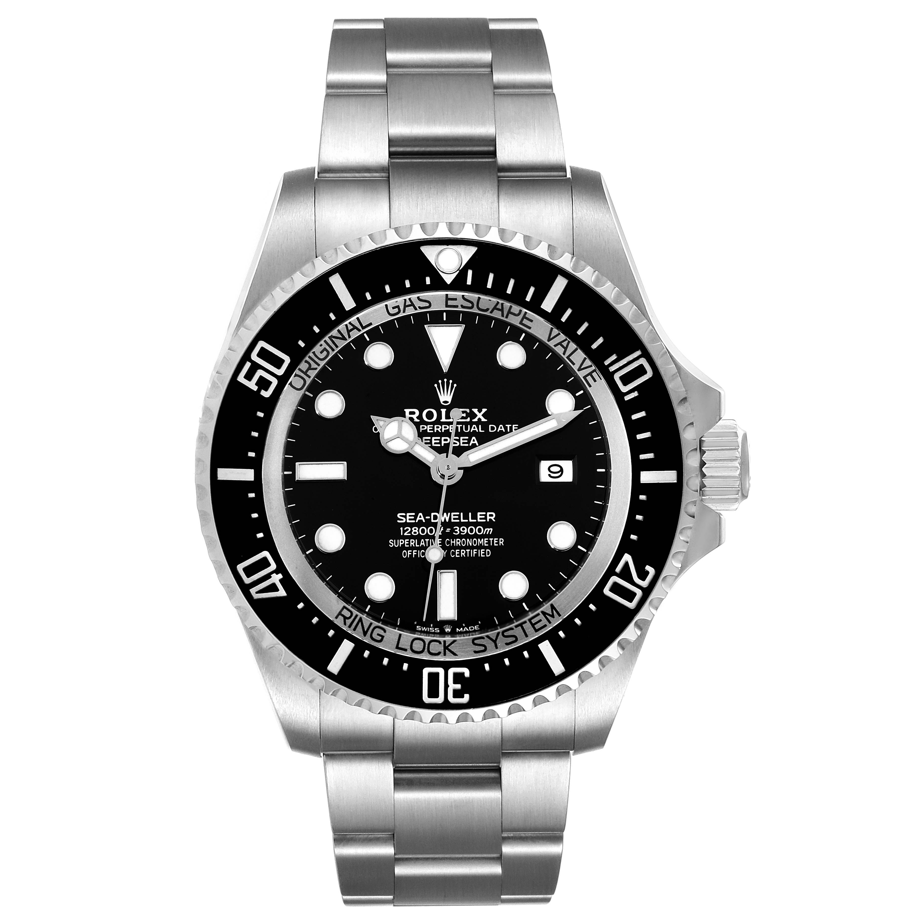 The image shows a front view of the Rolex Sea-Dweller 126660 Men's Stainless Steel Black Dial 126660 Men's Stainless Steel Black Dial watch, displaying its dial, bezel, crown, and bracelet.