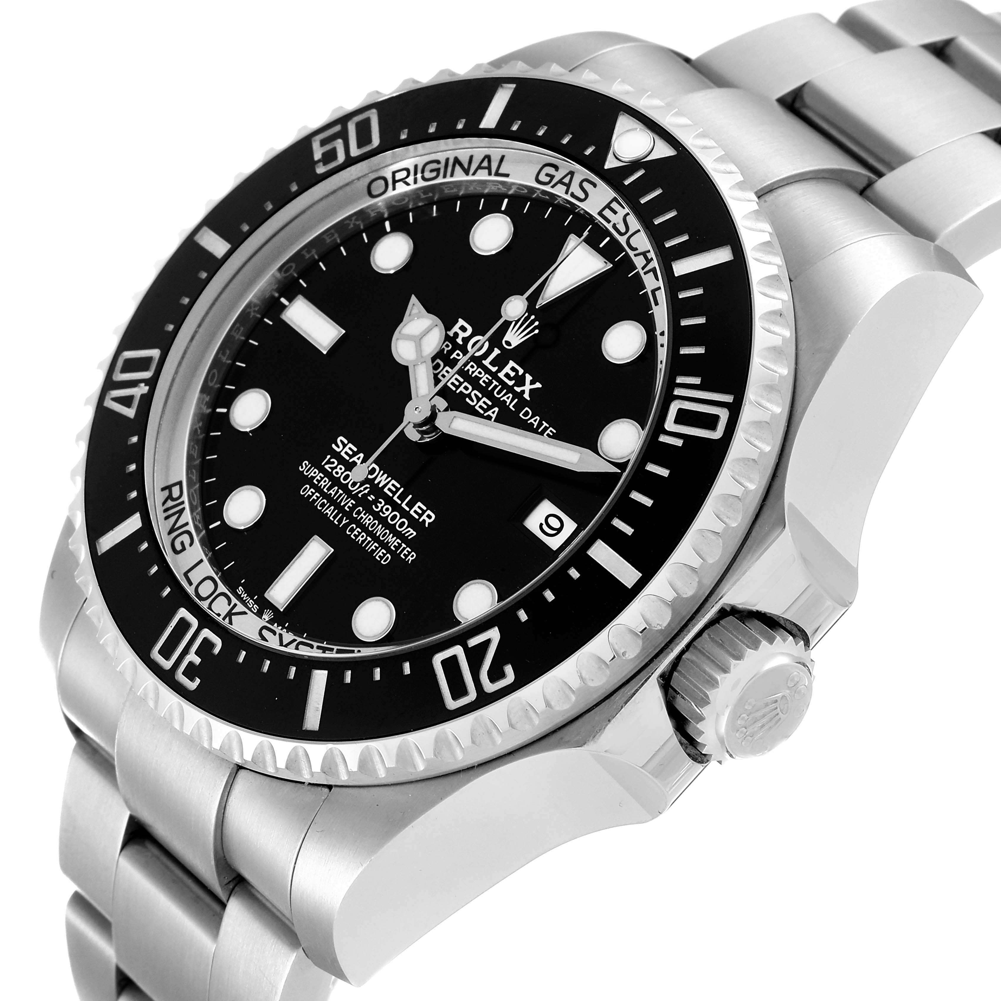 This image shows a Rolex Sea-Dweller 126660 Men's Stainless Steel Black Dial 126660 Men's Stainless Steel Black Dial watch from an oblique angle, highlighting the dial, bezel, bracelet, and crown.