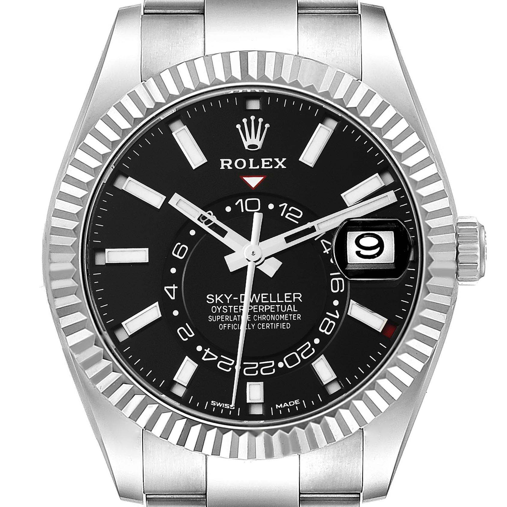 This image shows a front view of the Rolex Sky-Dweller 326934 Men
s Stainless Steel Black Dial 326934 Men
s Stainless Steel Black Dial watch, displaying the dial, hands, date, bezel, and part of the bracelet.