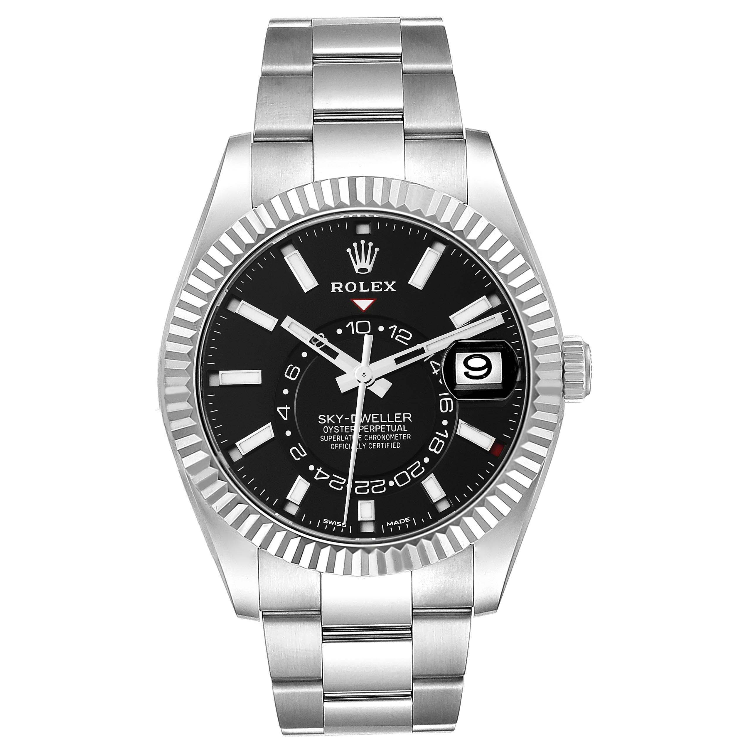This image shows a frontal view of the Rolex Sky-Dweller 326934 Men
s Stainless Steel Black Dial 326934 Men
s Stainless Steel Black Dial watch, highlighting its black dial, fluted bezel, and stainless steel bracelet.
