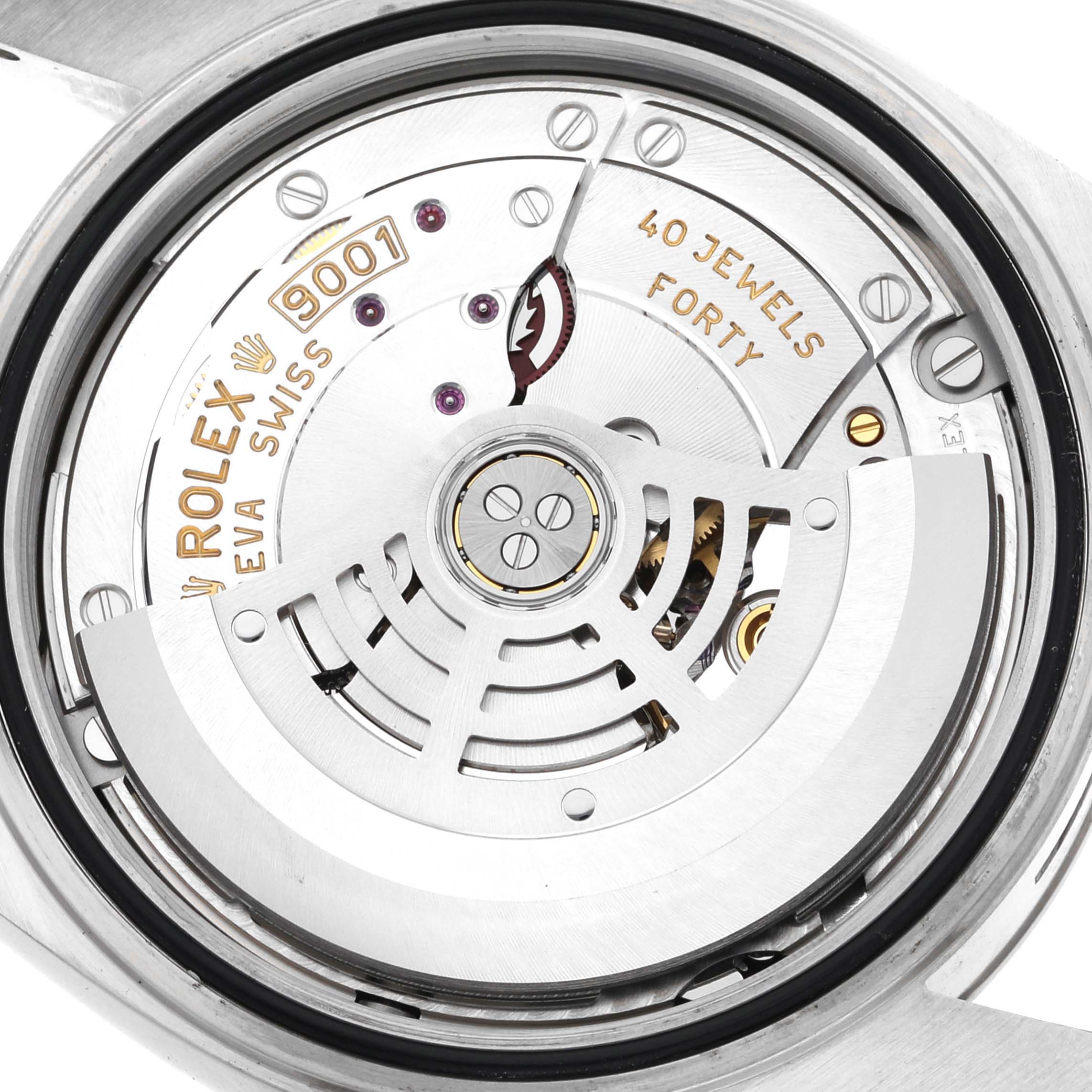 This image shows the backside movement mechanism of a Rolex Sky-Dweller 326934 Men
s Stainless Steel Black Dial 326934 Men
s Stainless Steel Black Dial watch, highlighting the automatic rotor and the "40 Jewels" detail.