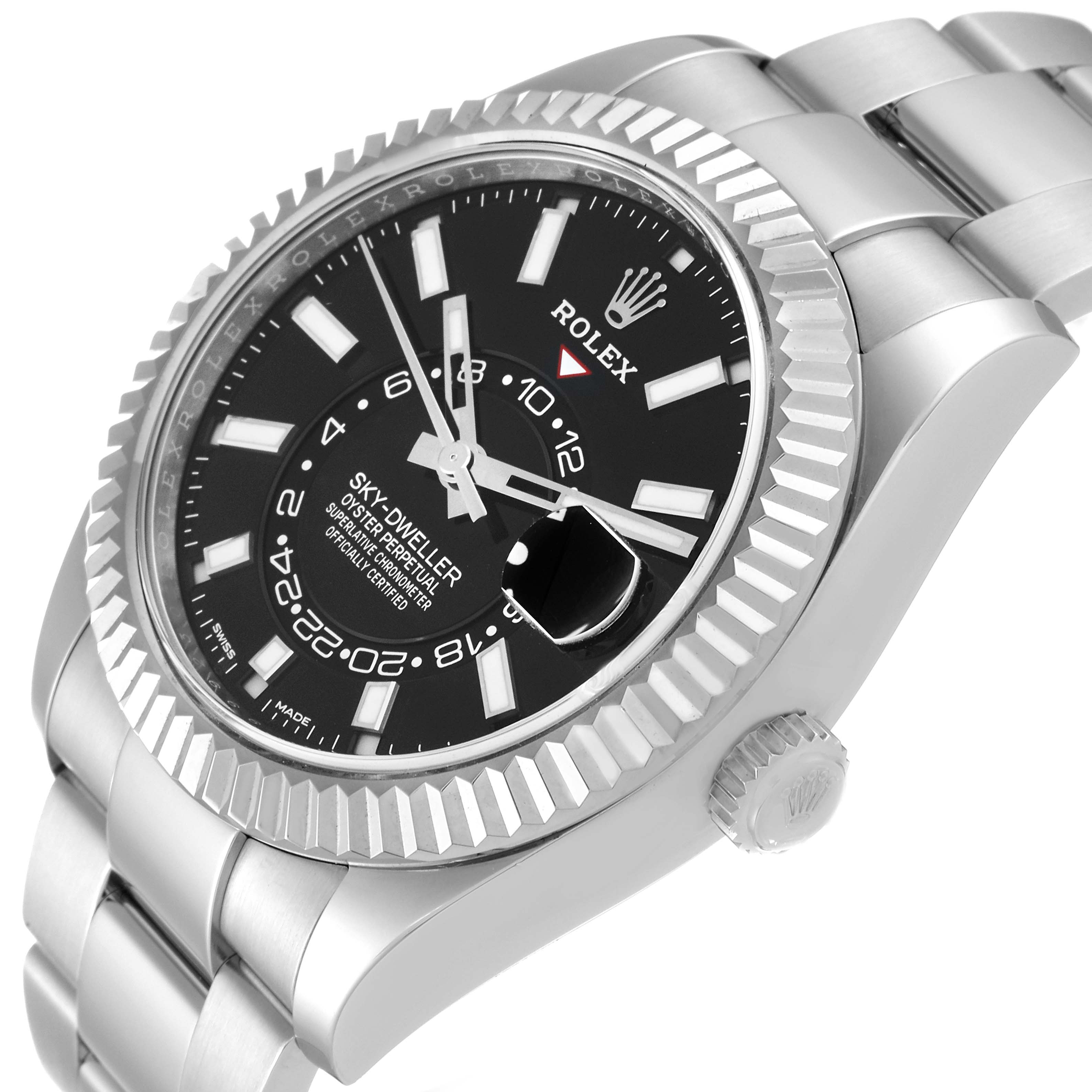 The image shows a close-up angle of the Rolex Sky-Dweller 326934 Men
s Stainless Steel Black Dial 326934 Men
s Stainless Steel Black Dial watch, displaying the dial, bezel, crown, and part of the bracelet.