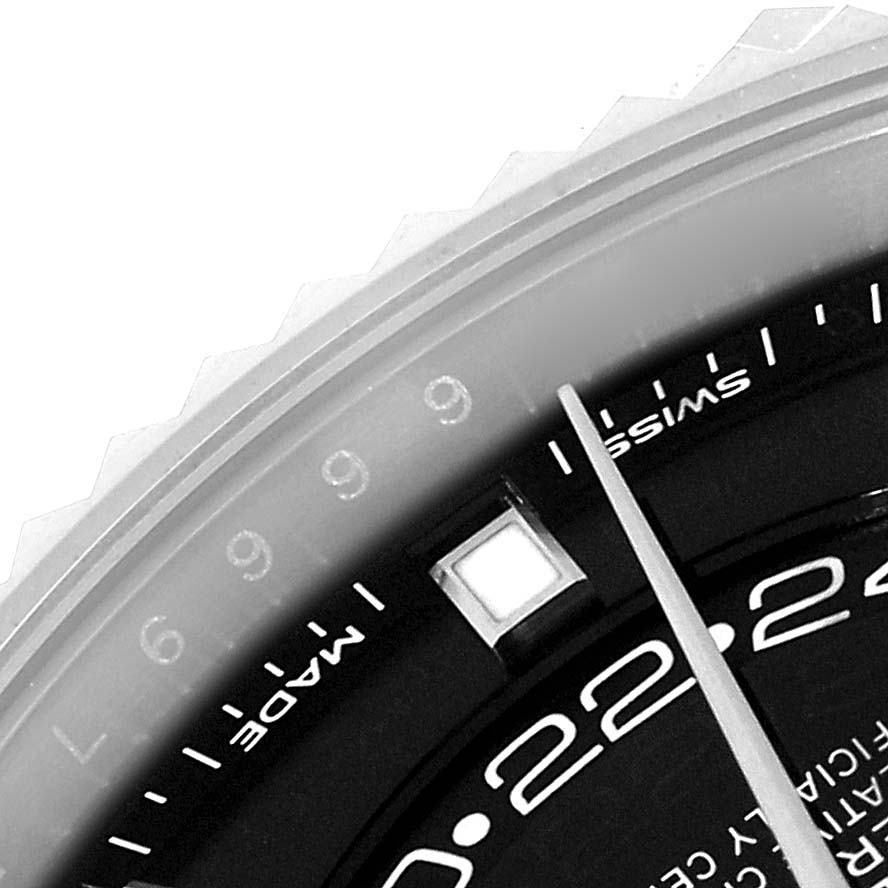 The image shows a close-up view of the dial and bezel of a Rolex Sky-Dweller 326934 Men
s Stainless Steel Black Dial 326934 Men
s Stainless Steel Black Dial watch.