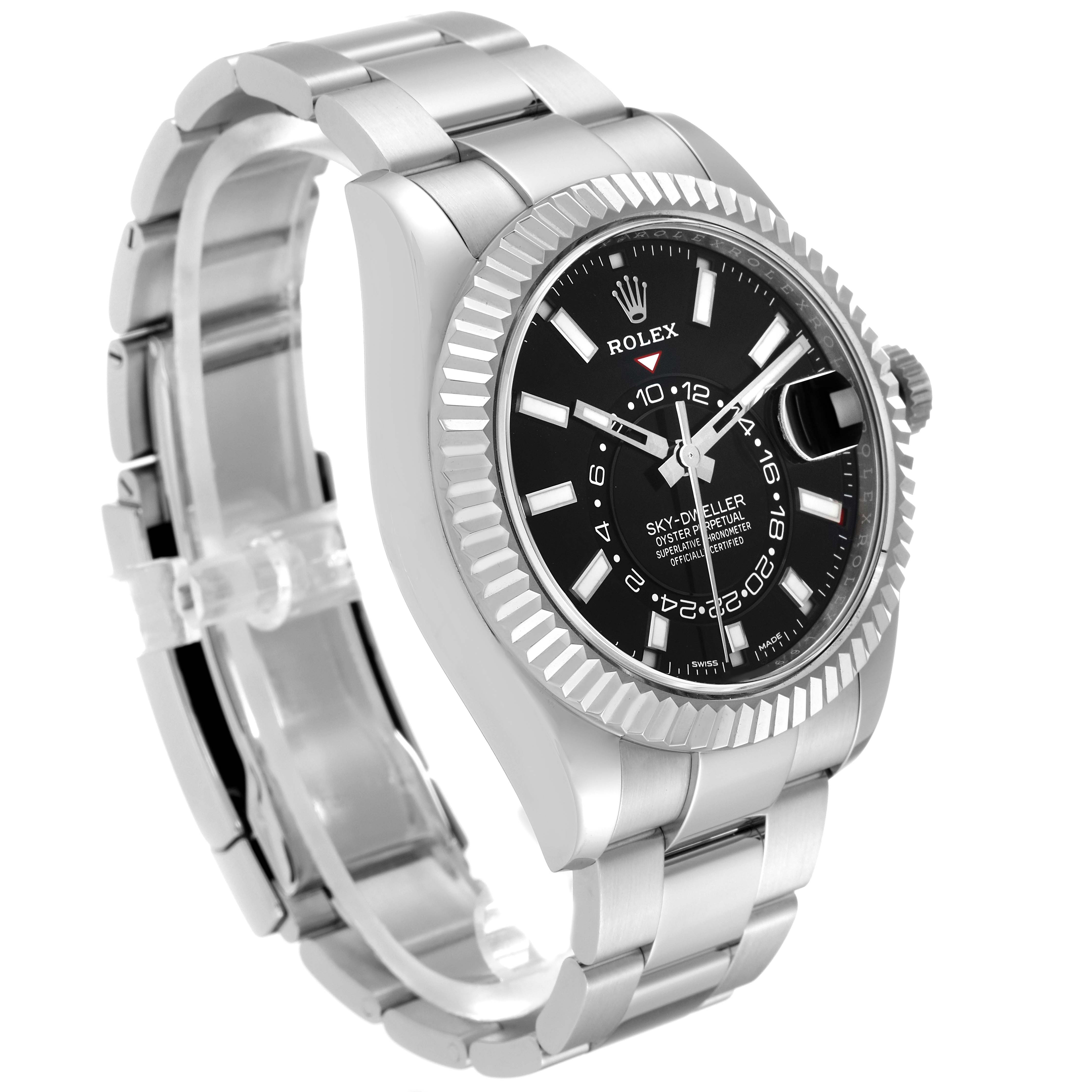 The image shows a side angle of the Rolex Sky-Dweller 326934 Men
s Stainless Steel Black Dial 326934 Men
s Stainless Steel Black Dial watch, highlighting the bezel, dial, case, and bracelet.
