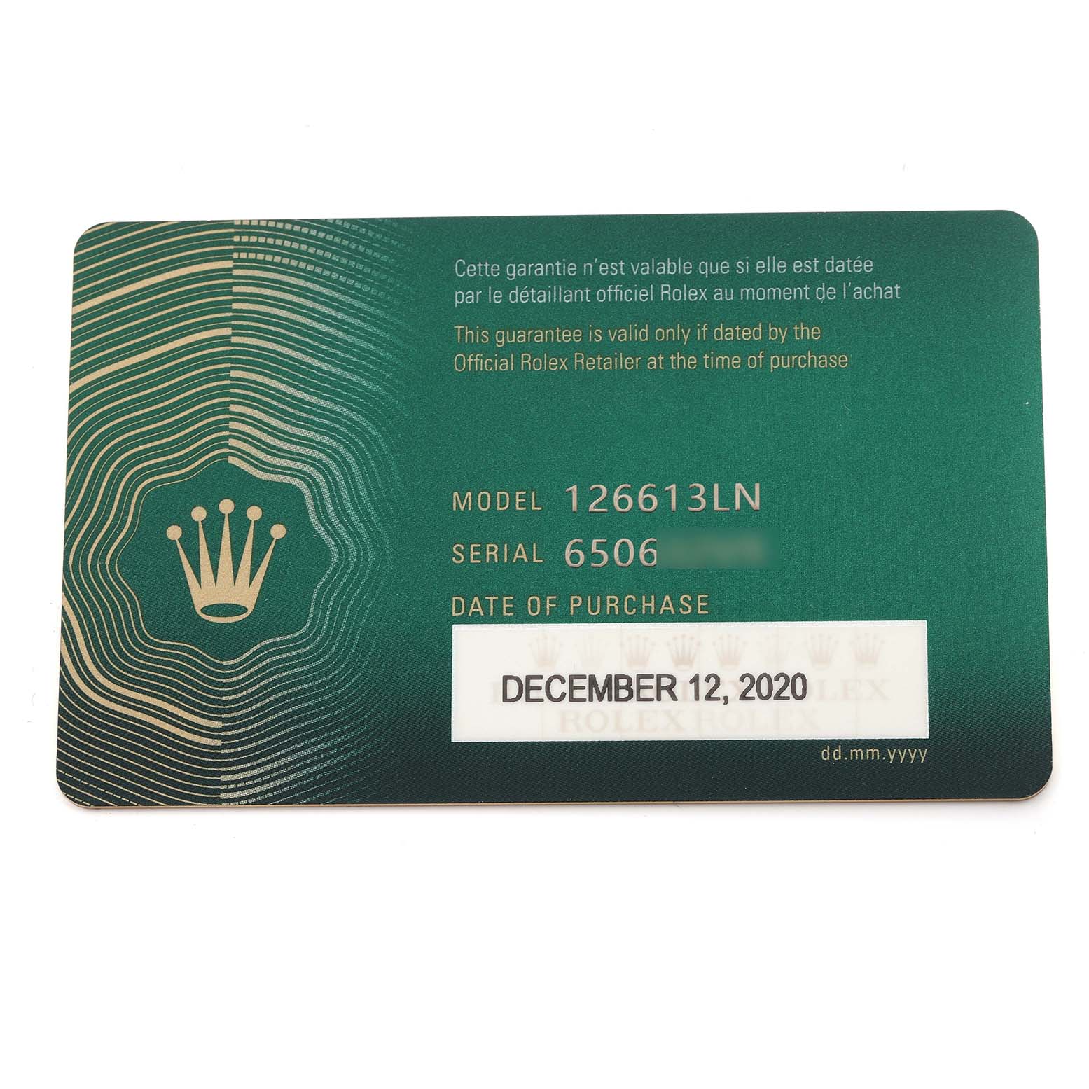 The image shows a Rolex Submariner 126613LN Men's Steel and Gold (two tone) Black Dial 126613LN Men's Steel and Gold (two tone) Black Dial model 126613LN warranty card with details like model, serial number, and purchase date.