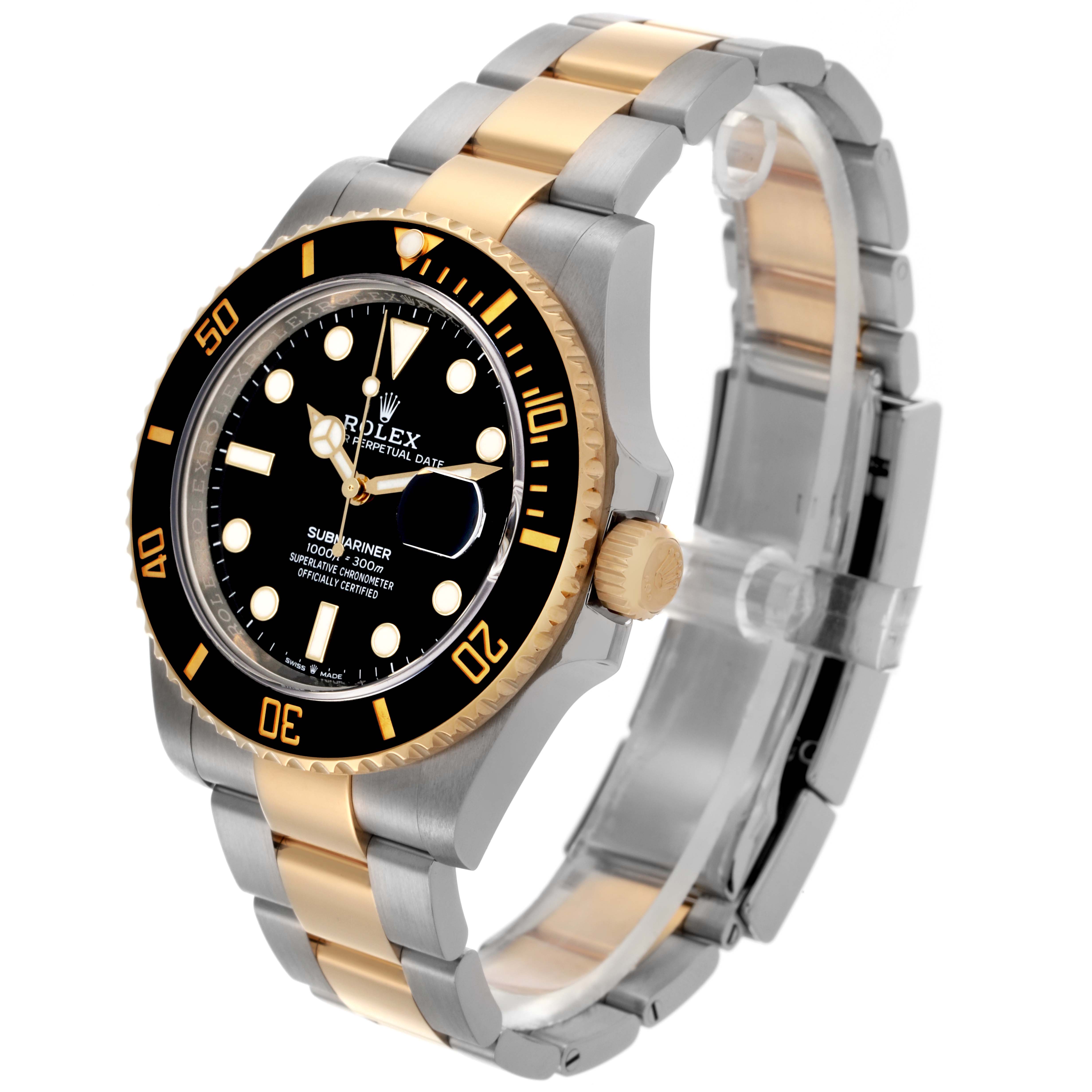 The Rolex Submariner 126613LN Men's Steel and Gold (two tone) Black Dial 126613LN Men's Steel and Gold (two tone) Black Dial watch is shown at a side angle, highlighting the bezel, dial, and two-tone bracelet.