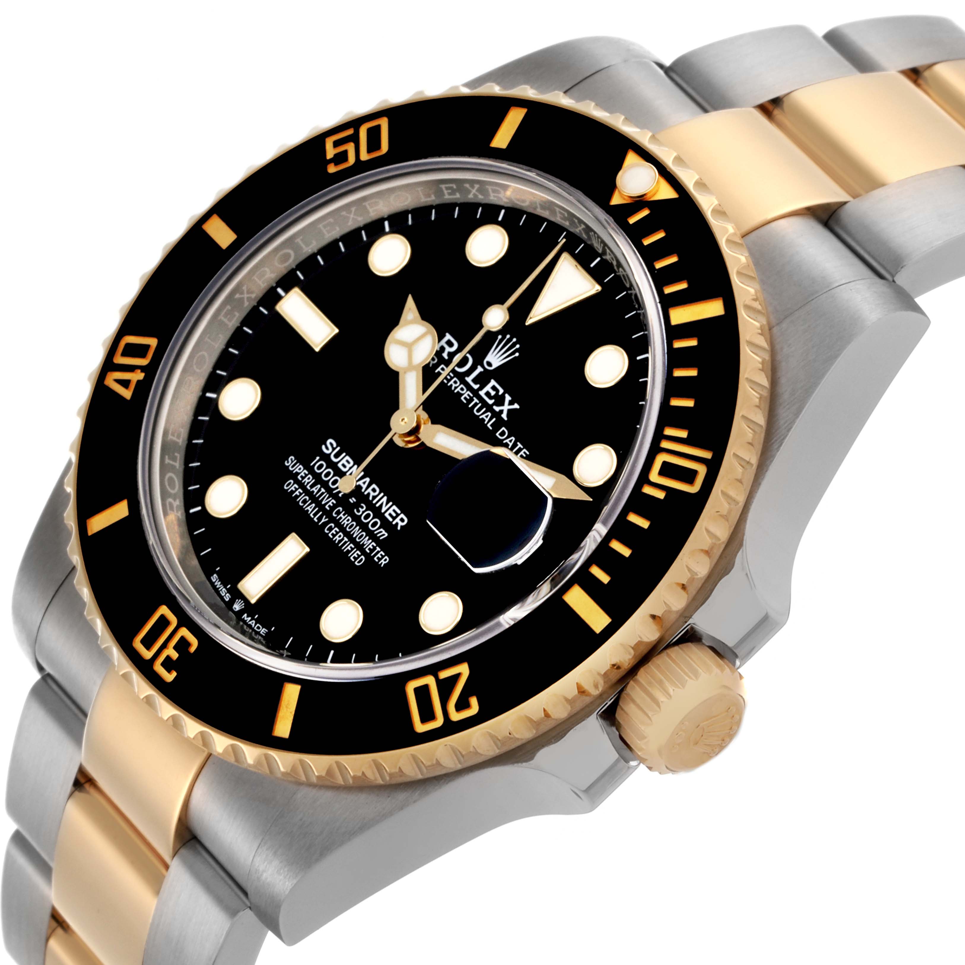 The Rolex Submariner 126613LN Men's Steel and Gold (two tone) Black Dial 126613LN Men's Steel and Gold (two tone) Black Dial is shown at an angled perspective, highlighting its bezel, dial, and two-tone bracelet.