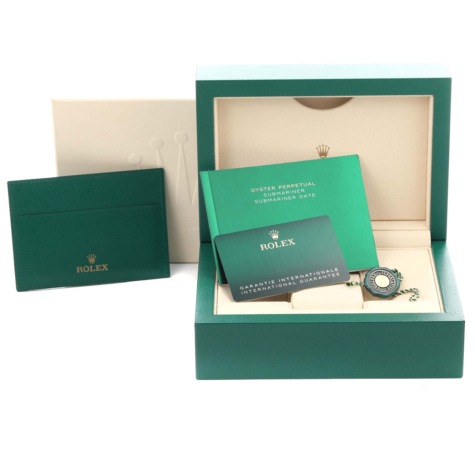 The image shows a Rolex Submariner 126613LN Men's Steel and Gold (two tone) Black Dial 126613LN Men's Steel and Gold (two tone) Black Dial watch box with warranty cards, booklet, and tag from a slightly elevated angle.