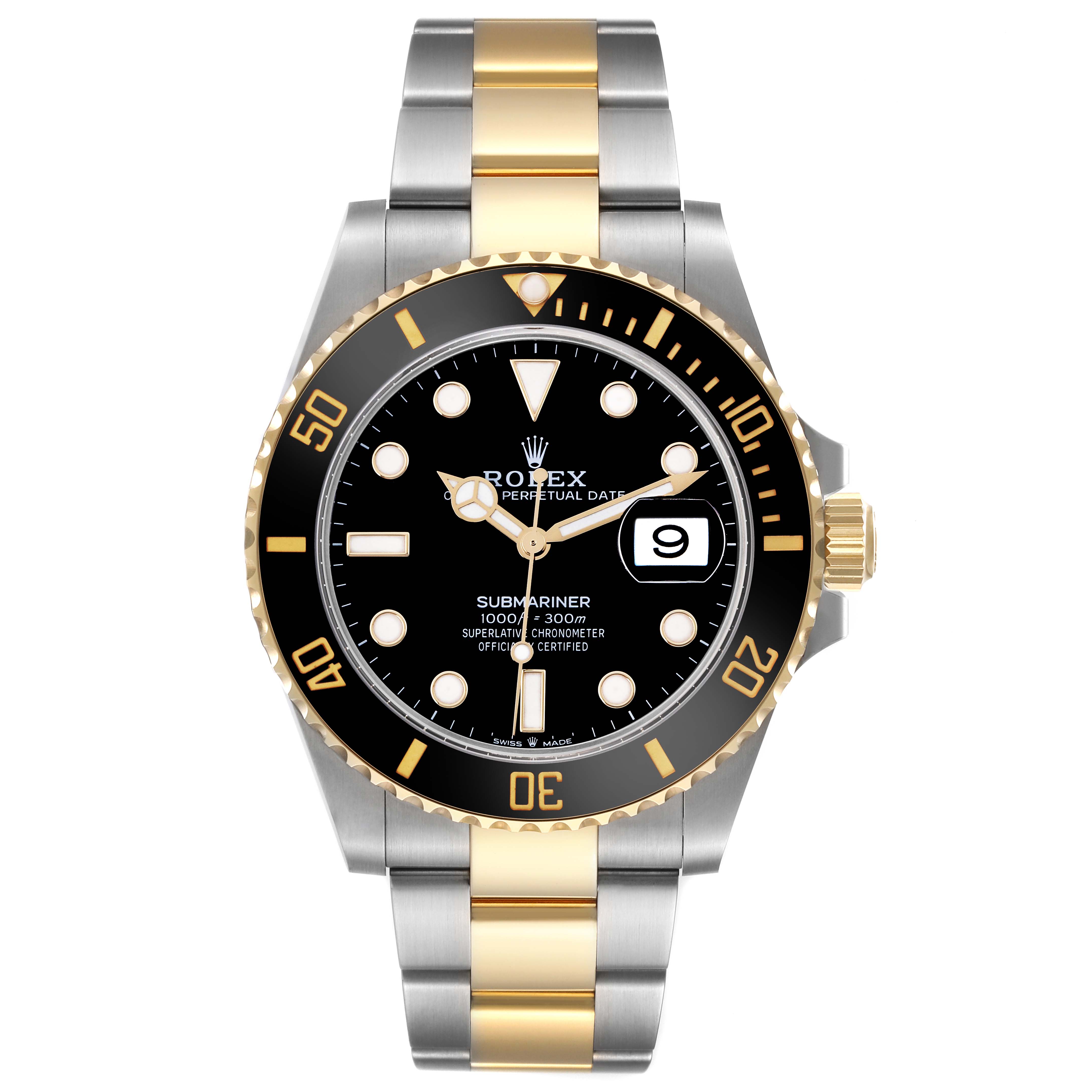 The Rolex Submariner 126613LN Men's Steel and Gold (two tone) Black Dial 126613LN Men's Steel and Gold (two tone) Black Dial watch is shown from the front, displaying the face, bezel, and bracelet.