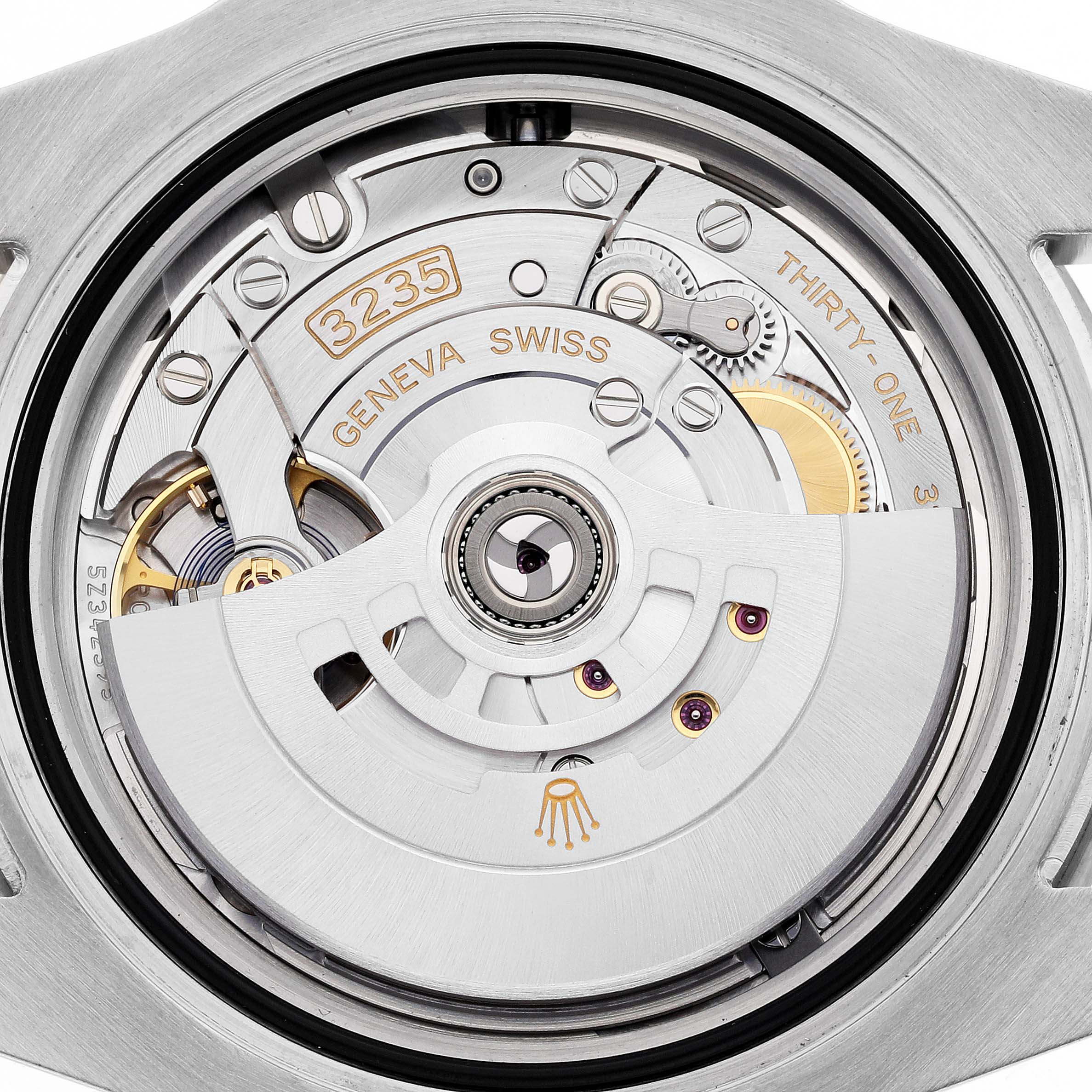 The image shows a detailed view of the movement from the back of a Rolex Submariner 126613LN Men's Steel and Gold (two tone) Black Dial 126613LN Men's Steel and Gold (two tone) Black Dial watch, highlighting the rotor and mechanisms.