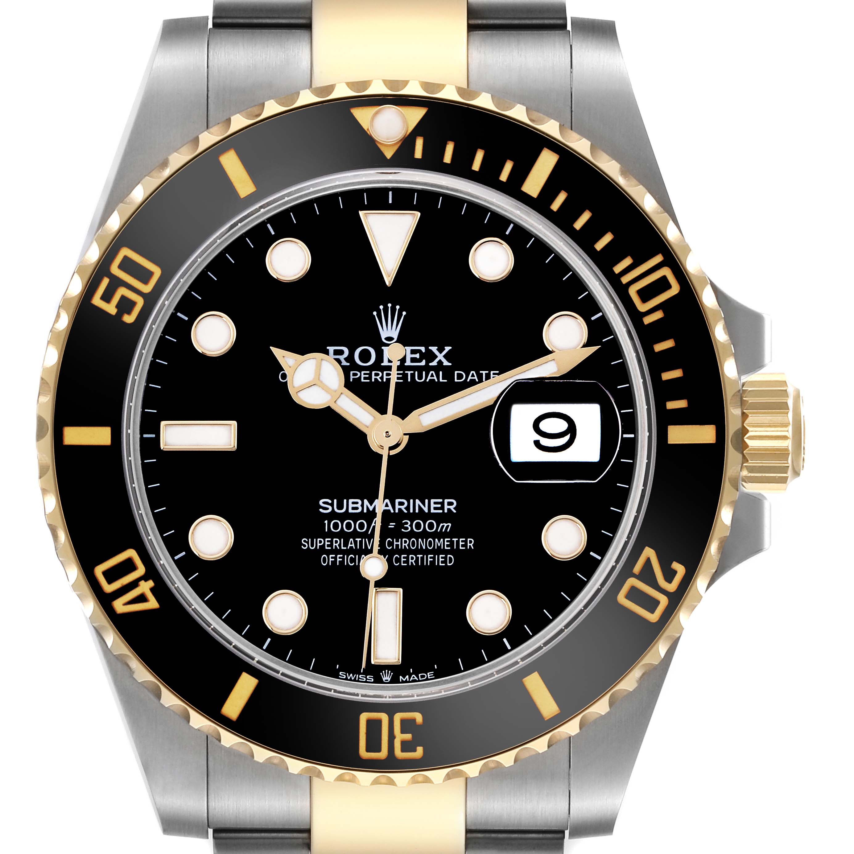 The Rolex Submariner 126613LN Men's Steel and Gold (two tone) Black Dial 126613LN Men's Steel and Gold (two tone) Black Dial watch is shown from the front, highlighting the dial, bezel, and part of the bracelet.