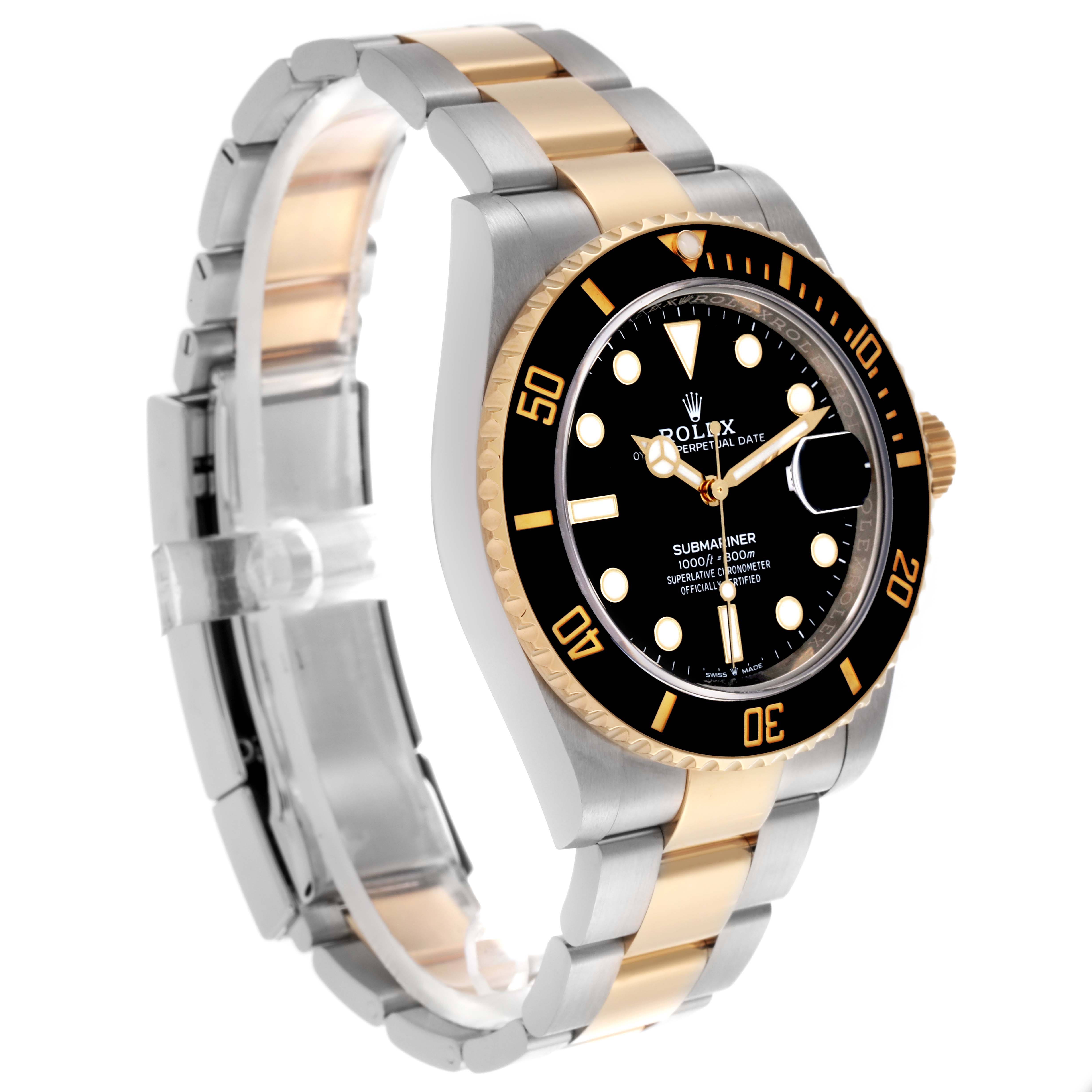 The Rolex Submariner 126613LN Men's Steel and Gold (two tone) Black Dial 126613LN Men's Steel and Gold (two tone) Black Dial watch is shown at a three-quarter angle, highlighting its two-tone bracelet and black bezel.