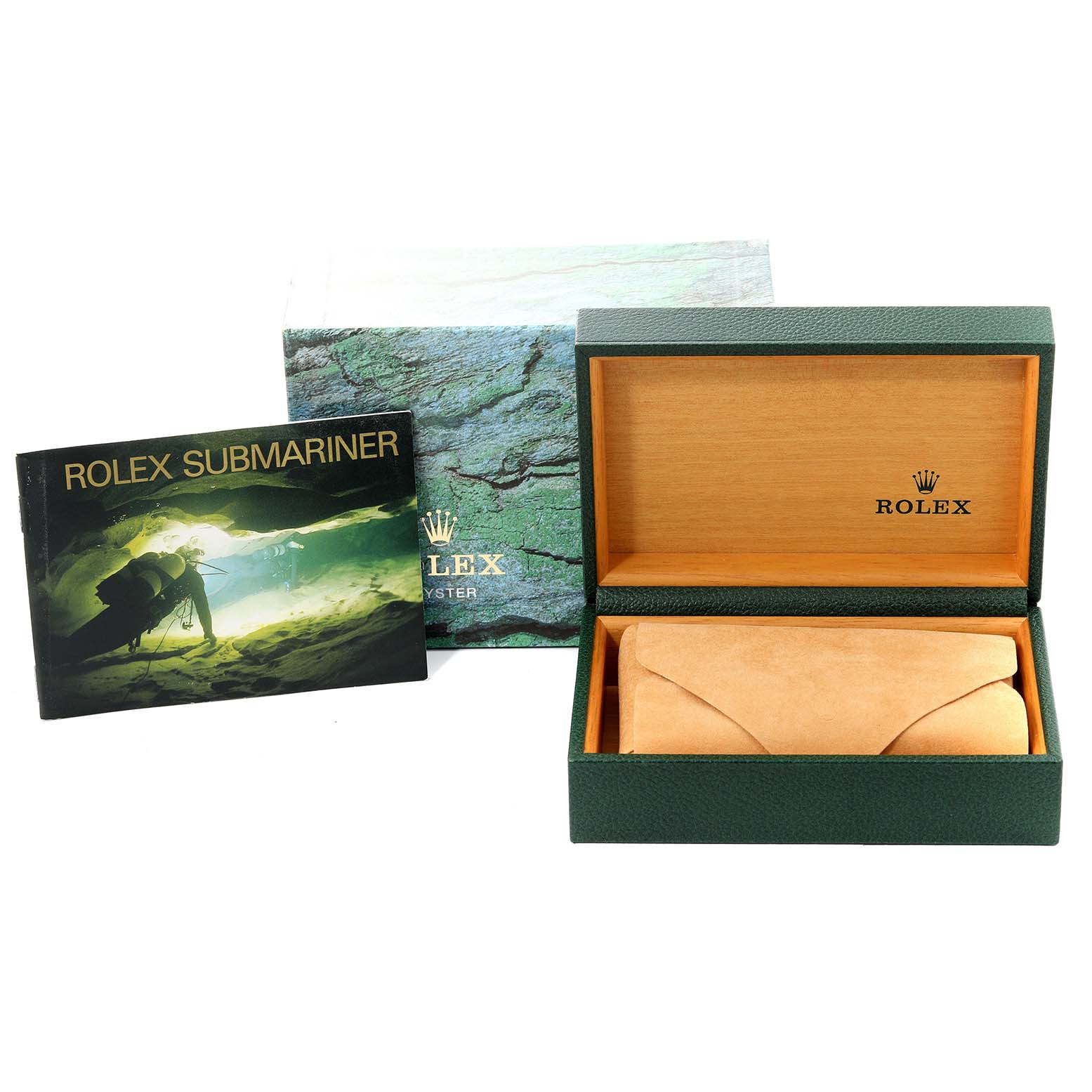 The image shows a Rolex Submariner 16613 Men's Steel and Gold (two tone) Blue Dial 16613 Men's Steel and Gold (two tone) Blue Dial box, its internal cushion, and an accompanying booklet.