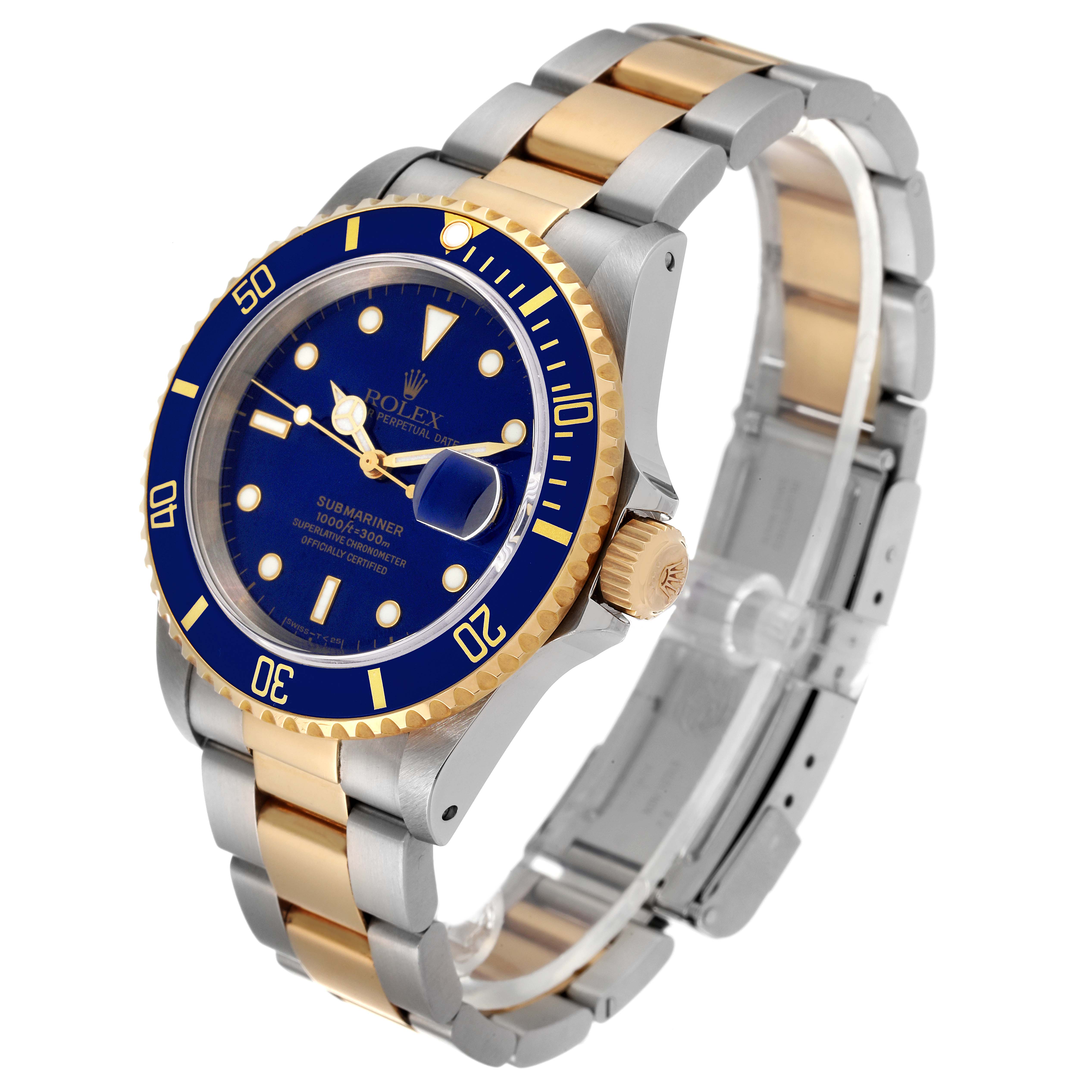 The Rolex Submariner 16613 Men's Steel and Gold (two tone) Blue Dial 16613 Men's Steel and Gold (two tone) Blue Dial watch is shown at a three-quarter angle, highlighting its blue dial, bezel, gold crown, and two-tone bracelet.