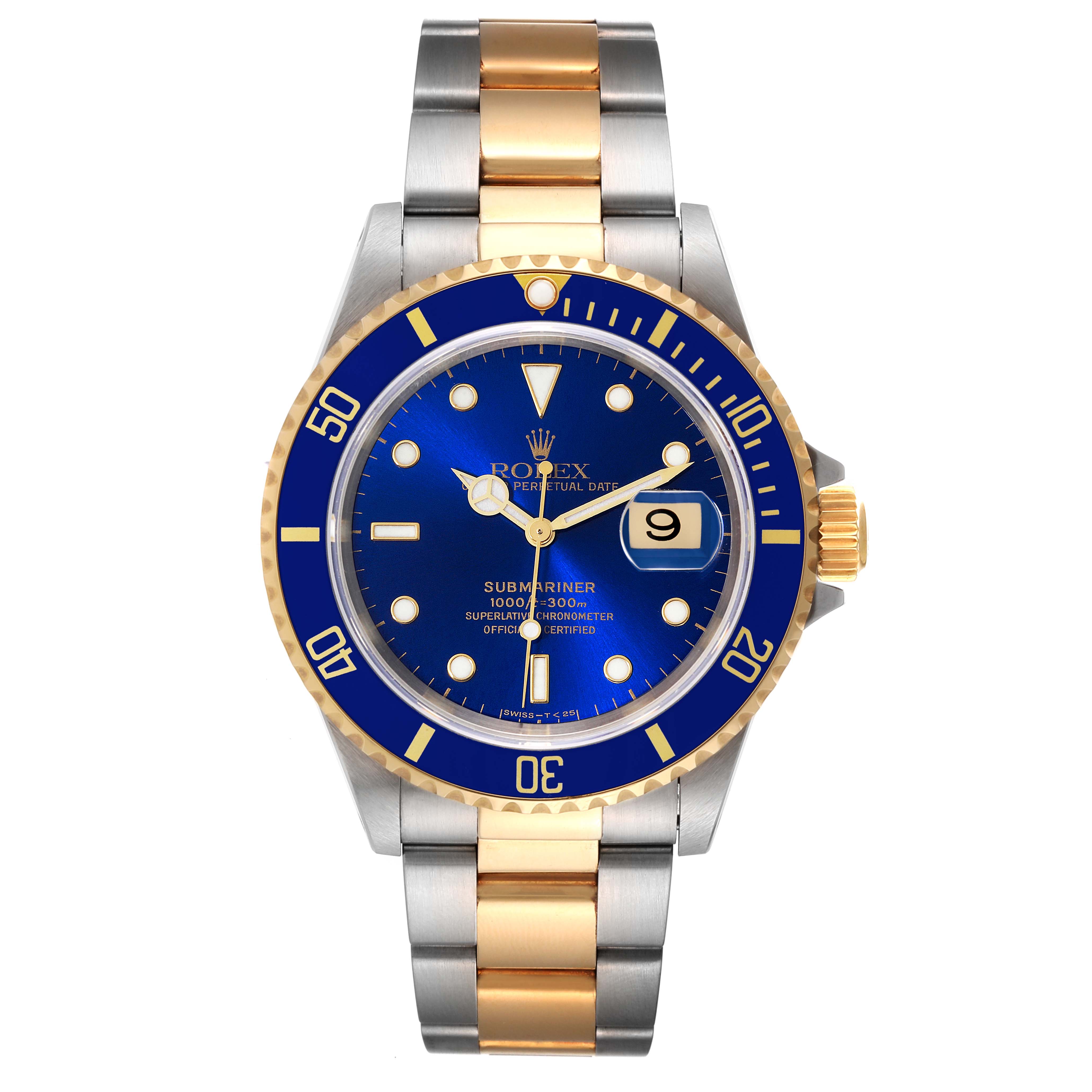 The Rolex Submariner 16613 Men's Steel and Gold (two tone) Blue Dial 16613 Men's Steel and Gold (two tone) Blue Dial watch is shown from a front angle, displaying its blue dial, gold bezel, and two-tone metal bracelet.