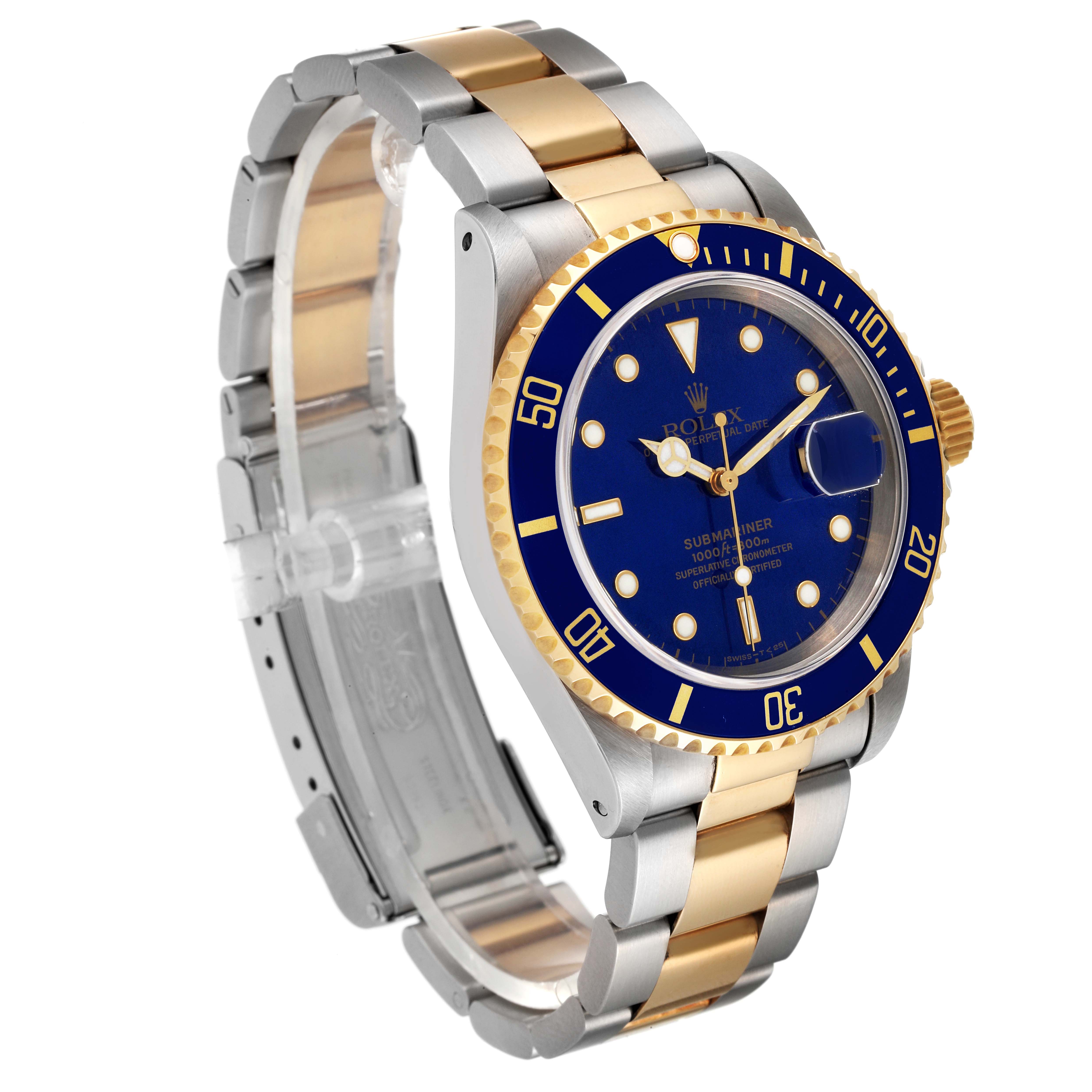 This Rolex Submariner 16613 Men's Steel and Gold (two tone) Blue Dial 16613 Men's Steel and Gold (two tone) Blue Dial watch is shown at a three-quarter angle, displaying the face, bezel, crown, and two-tone bracelet.