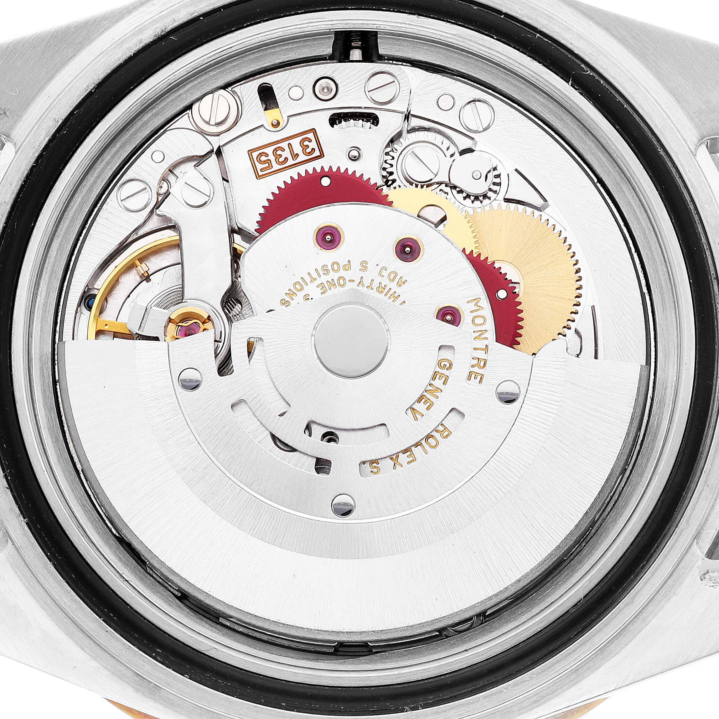 This image shows the internal mechanism of a Rolex Submariner 16613 Men's Steel and Gold (two tone) Blue Dial 16613 Men's Steel and Gold (two tone) Blue Dial watch viewed from the back.