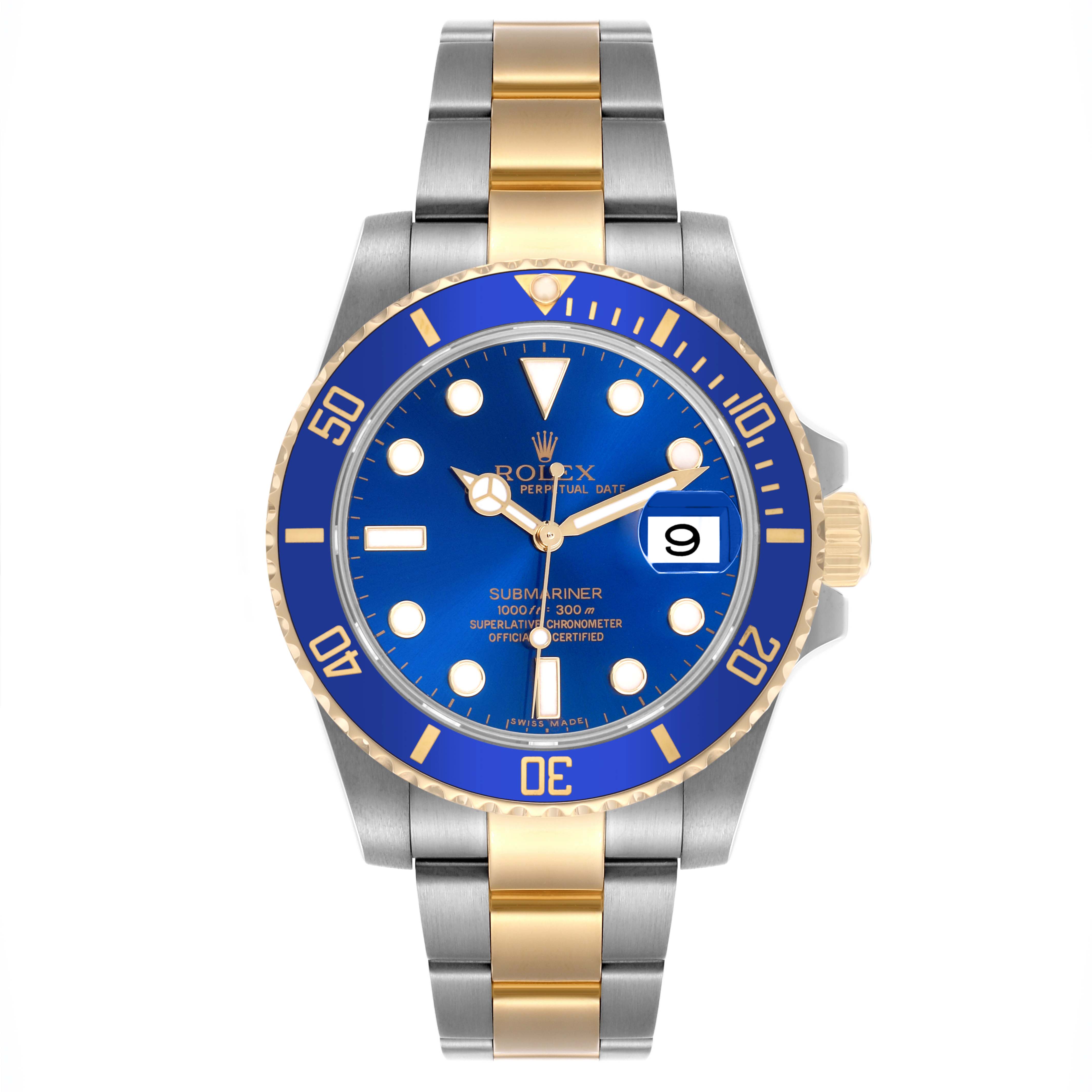 The image shows a Rolex Submariner 116613LB Men's Steel and Gold (two tone) Blue Dial 116613LB Men's Steel and Gold (two tone) Blue Dial watch head-on, highlighting the blue dial, bezel, and two-tone bracelet.