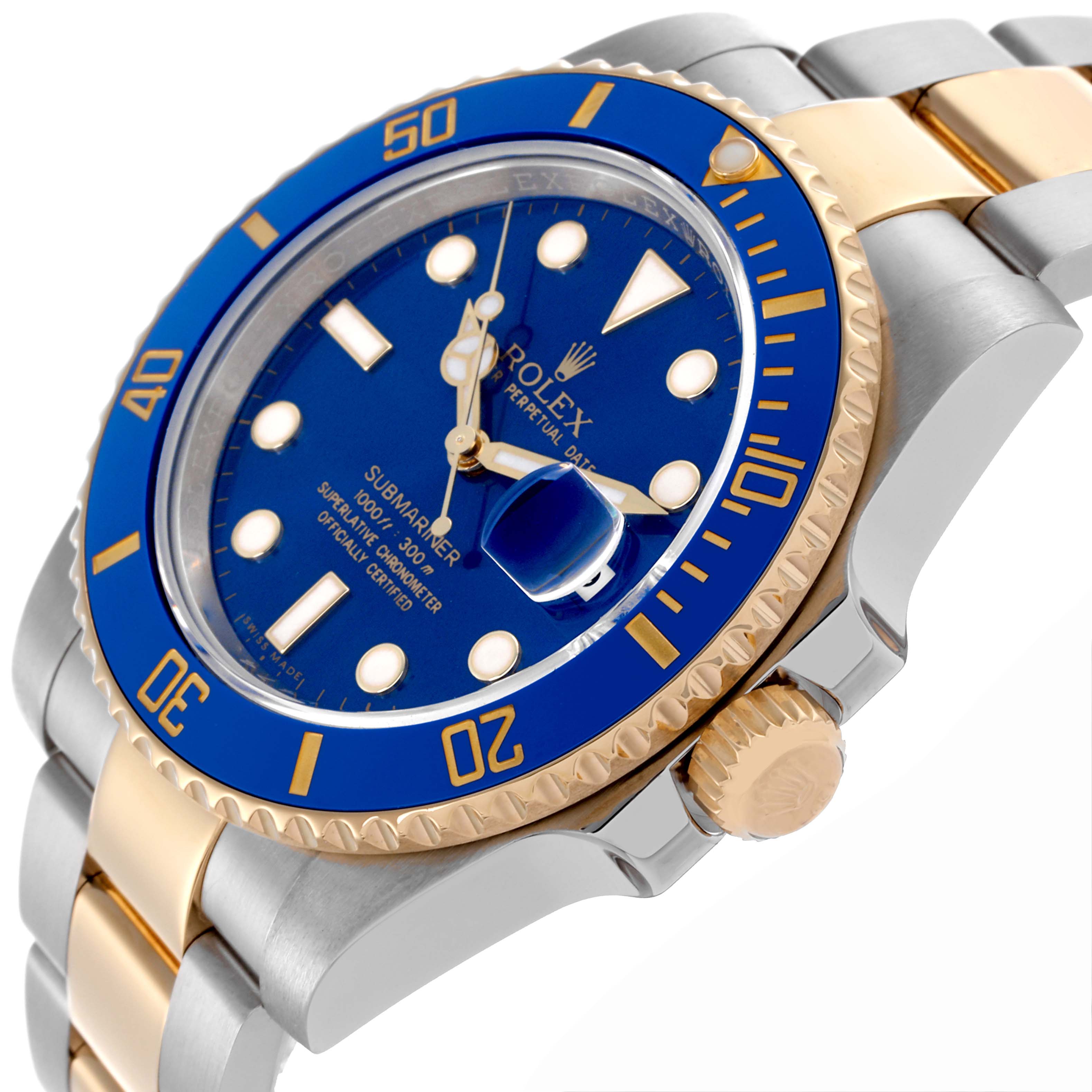 The Rolex Submariner 116613LB Men's Steel and Gold (two tone) Blue Dial 116613LB Men's Steel and Gold (two tone) Blue Dial watch is angled to show the blue dial, bezel, crown, and two-tone bracelet.