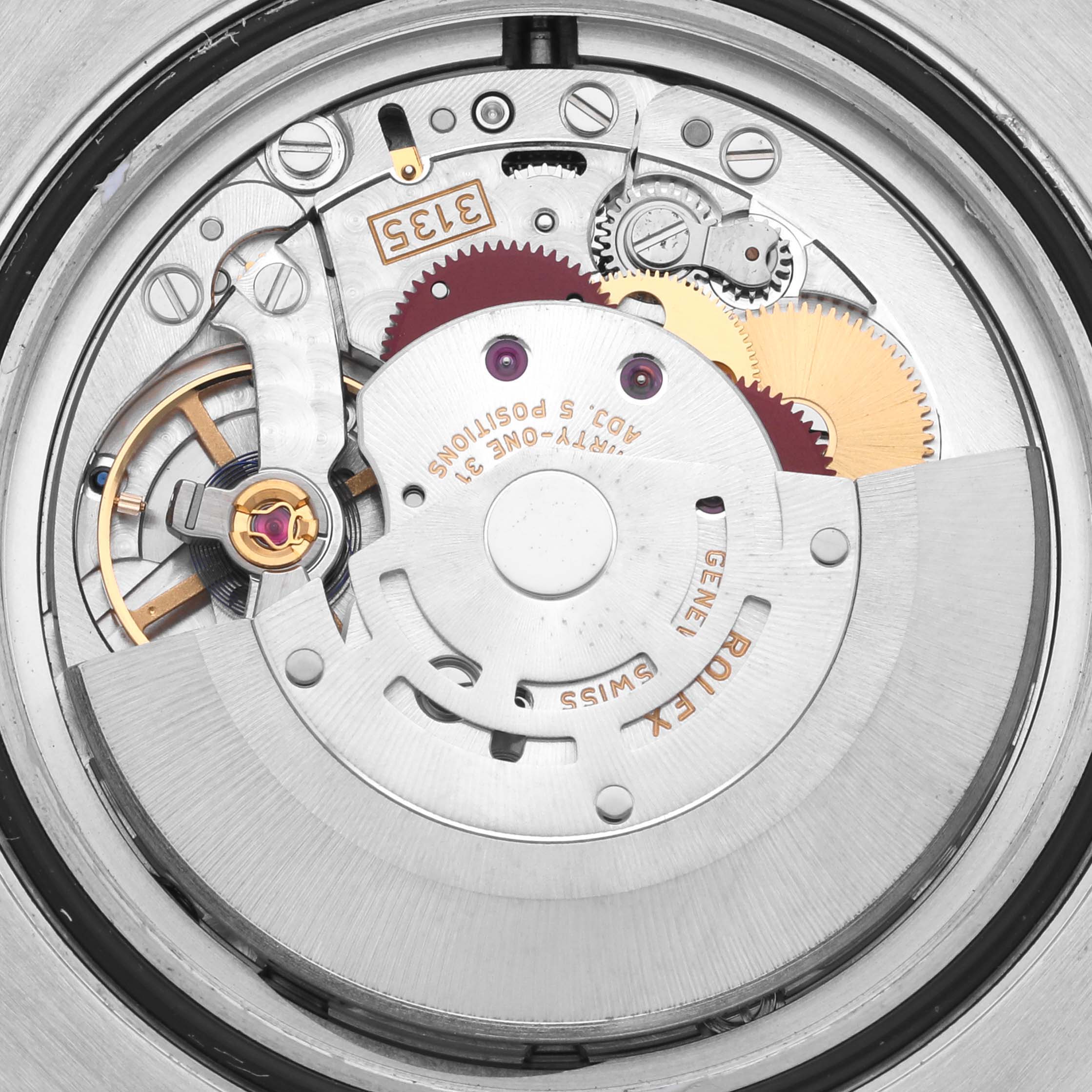 The image shows a close-up view of the Rolex Submariner 116613LB Men's Steel and Gold (two tone) Blue Dial 116613LB Men's Steel and Gold (two tone) Blue Dial's movement, highlighting gears and components from the back angle.